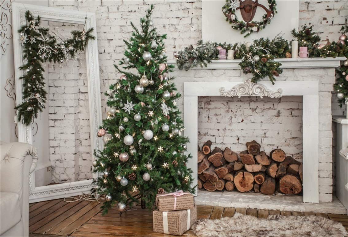 Leyiyi 12x8ft Merry Christmas Room Backdrop Xmas Tree Pine Branch Wreath Rustic Fireplace Brick Wall Wood Piles Sofa Carpet Photography Background