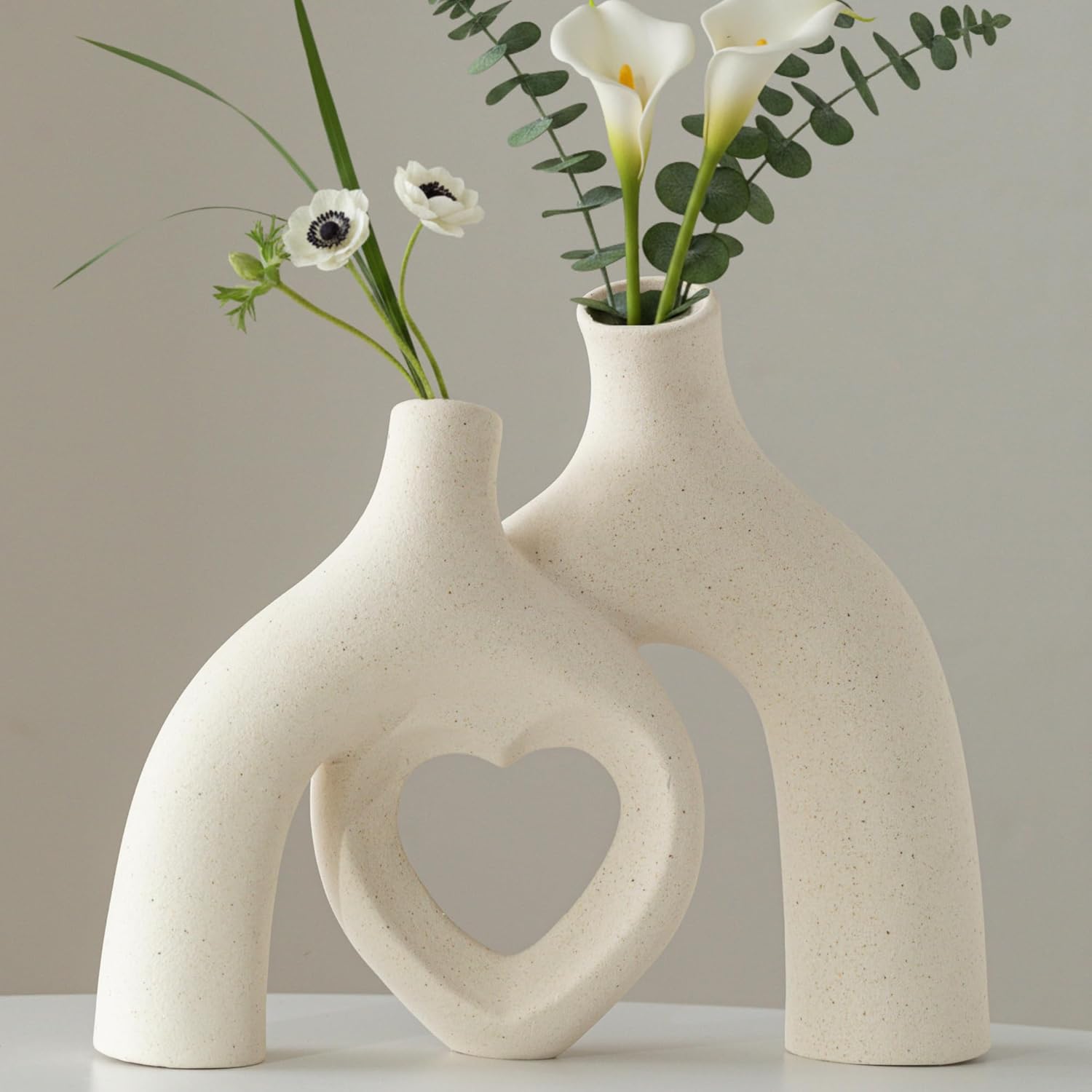 Lvases Modern Abstract Ceramic Vase, Minimalist Decorative Heart-Shaped Pampas Grass Flower Vases for Boho Home Decor, Living Room, Bedroom, Office - (Matte Off White)