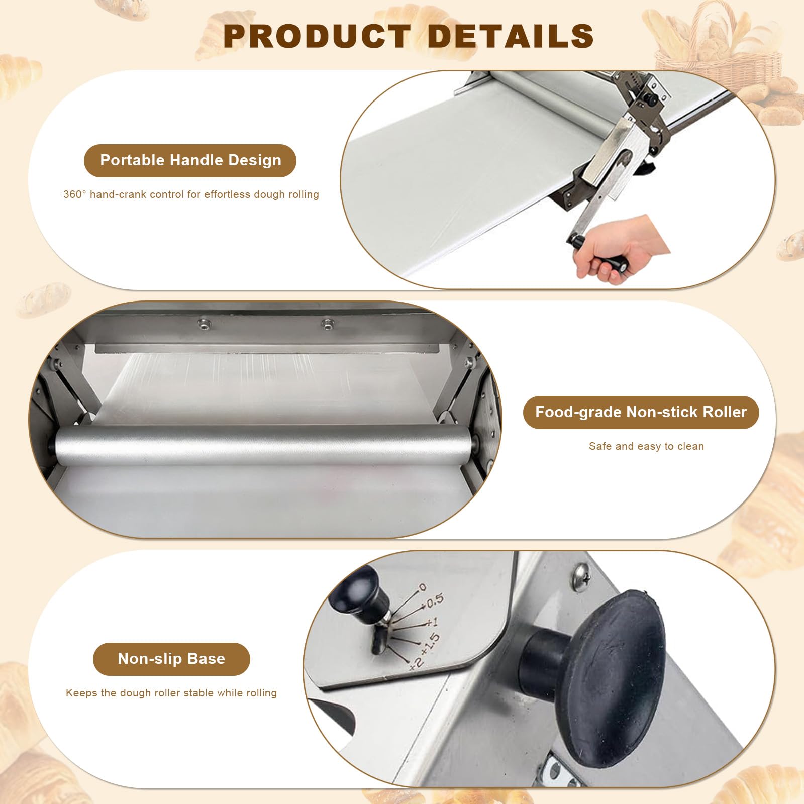 Laminoir à Pâte Pliable Laminoir Manuel à épaisseur Réglable Laminoir à Pâte Feuilletée en Acier Inoxydable Laminoir à Pâtisserie pour Pizzas Croissants Pâtisseries Domestique Commercial