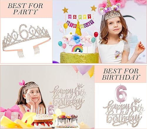 Miniatura 6 de Decoraciones de 6 cumpleaños para niñas, incluye adorno para pastel de cumpleaños de 6 años, banda reina con alfiler de perlas, corona de tiara