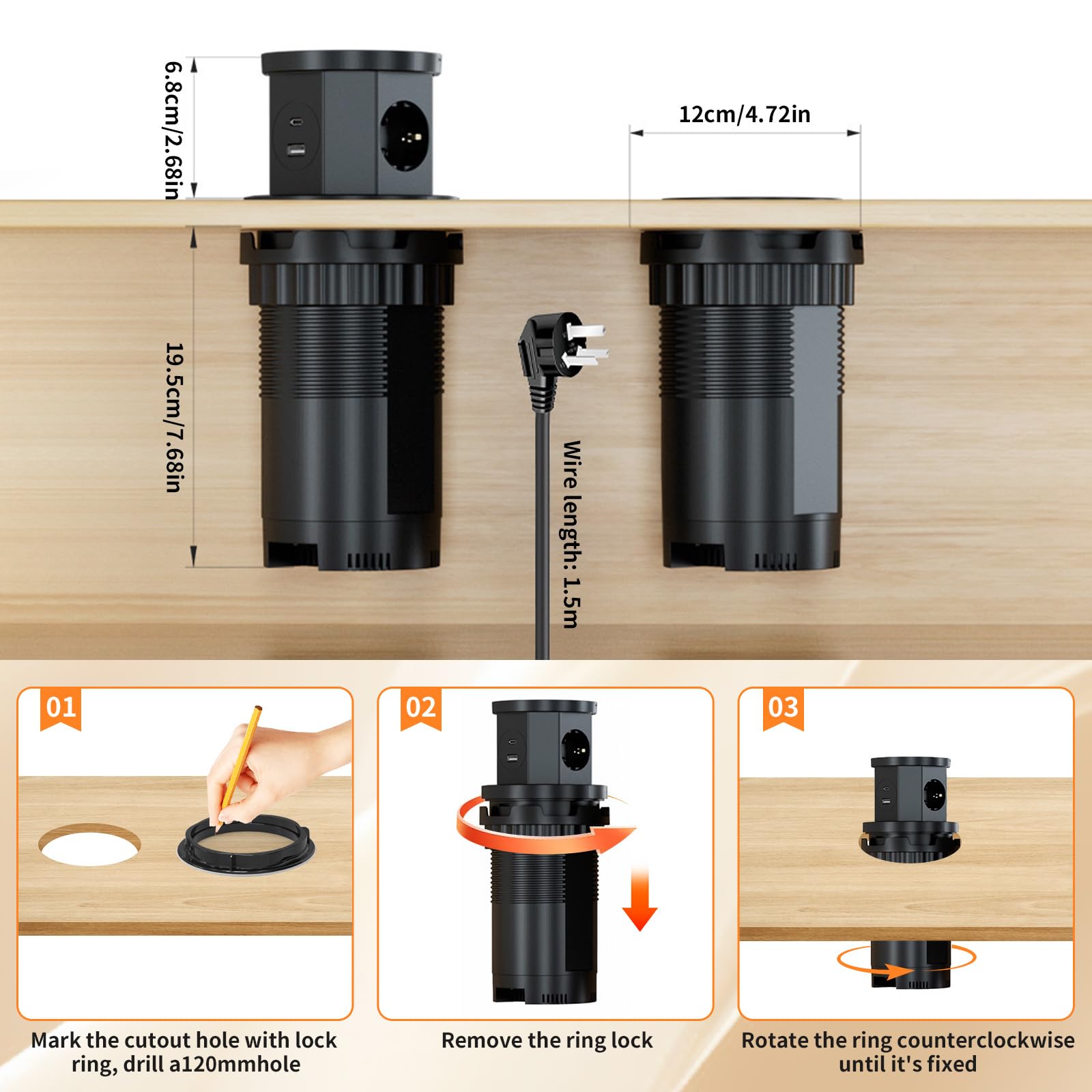 3 prese a scomparsa, con caricabatterie wireless da 15 W, 1 USB C, 1 USB-A, presa a scomparsa da cucina, cavo da 1,5 m, per ufficio, cucina, camera da letto, diametro 120 mm