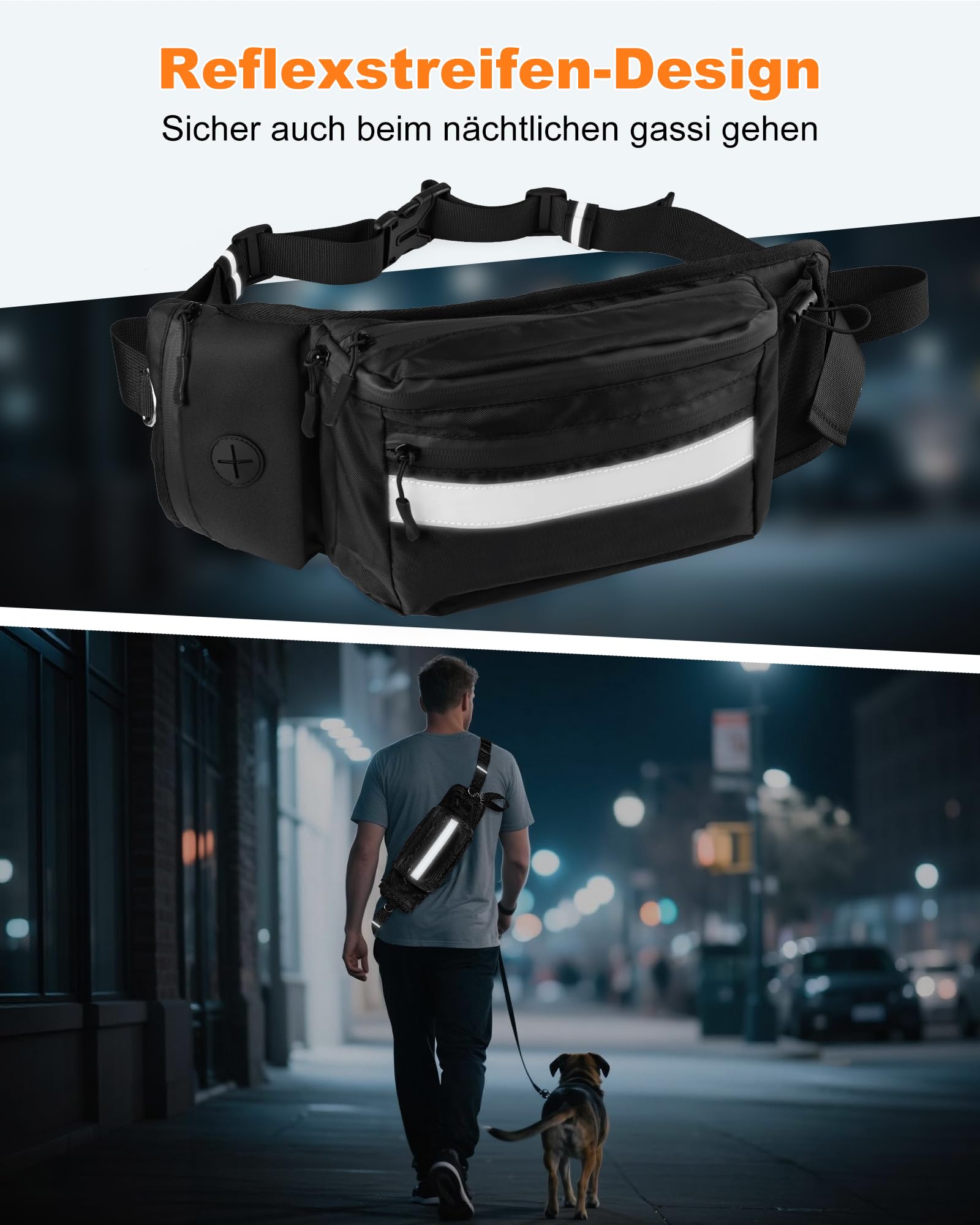 Leckerlibeutel für Hunde – Futterbeutel Hundetraining, Bauchtasche Gassi Tasche mit Abnehmbarer Innentasche, Wasserdicht, Kotbeutelspender, Reflektorband & Handyfach, Hundezubehör
