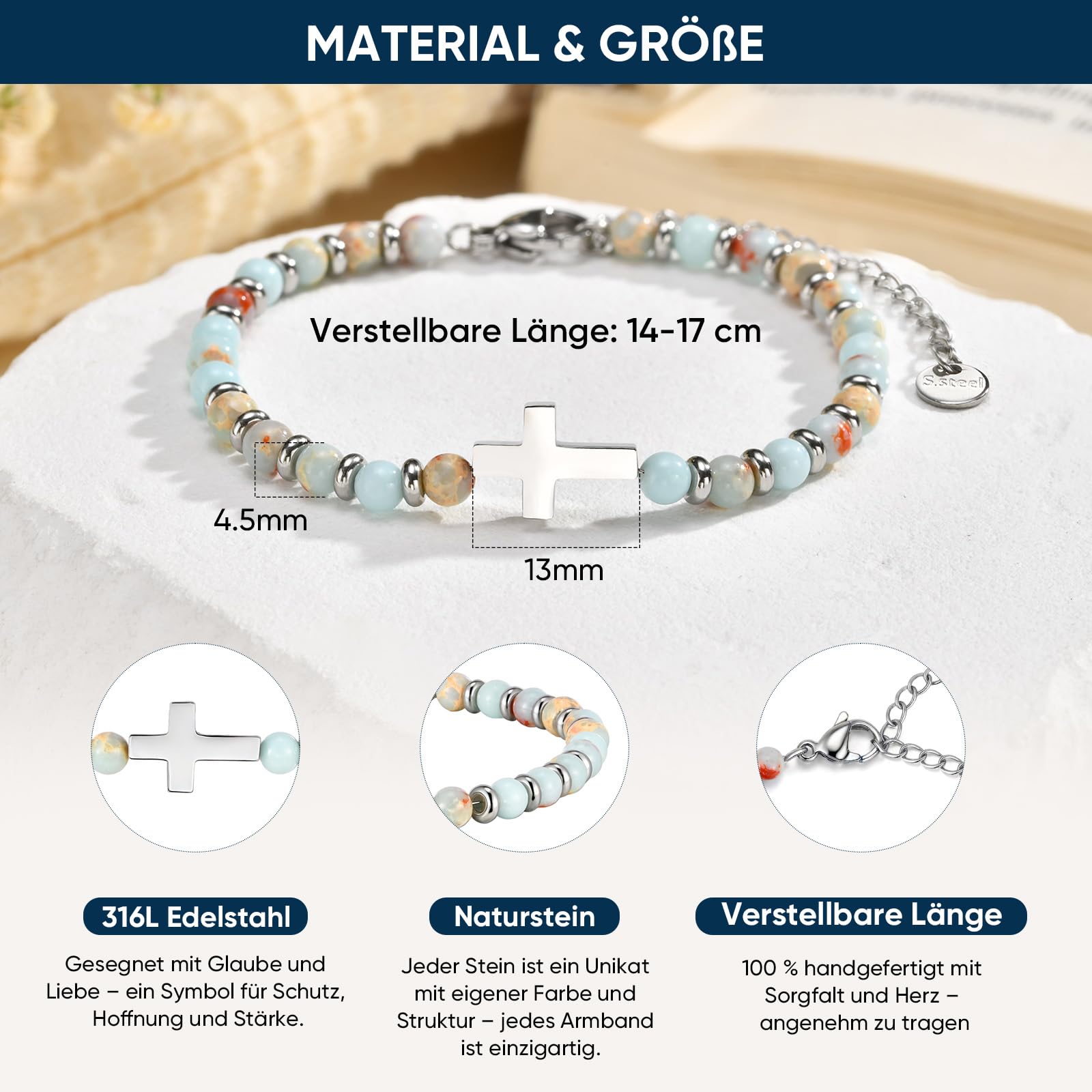 Kommunion Geschenke für Mädchen Kreuz Armband - Naturstein Armbänder mit Kreuz für Kinder Jugendlicher, Kinderarmband für Geburtstag Ostern Konfirmation Firmung Erstkommunion Geschenke für Mädchen - 5