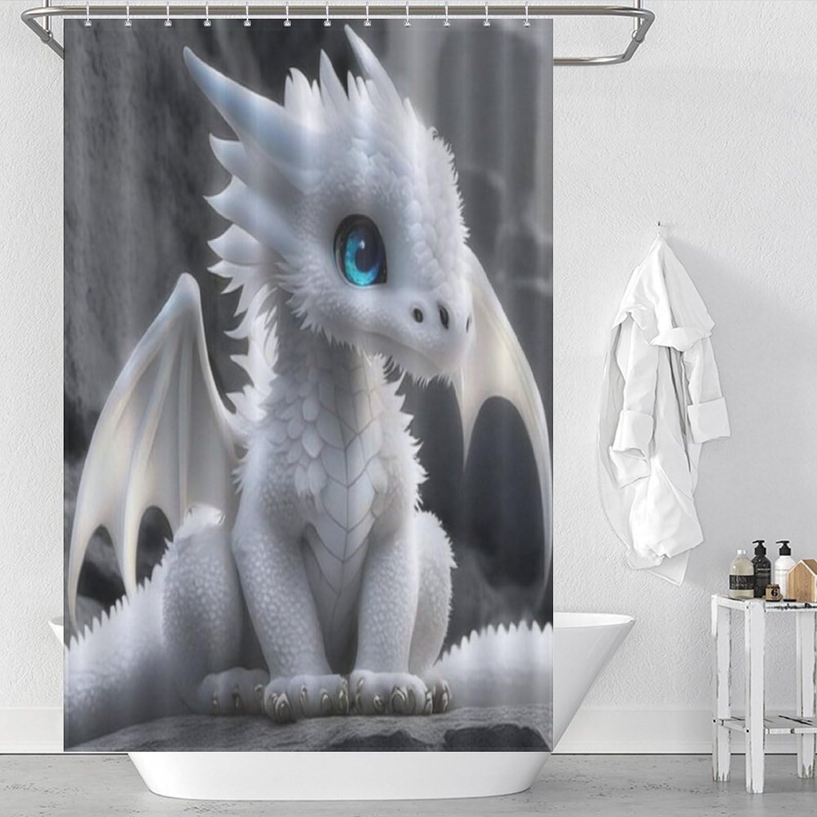 Rideau de bain ptérosaure blanc en tissu polyester imperméable