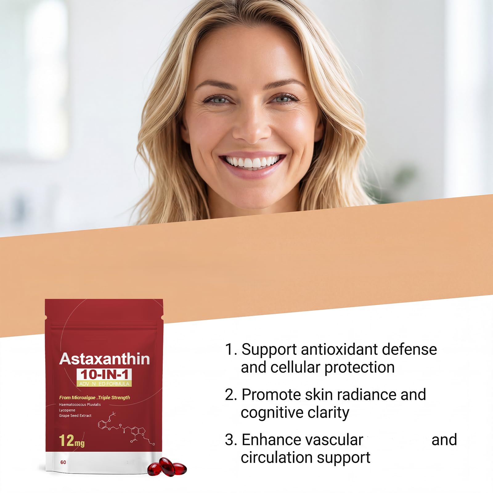 Astaxantina 12 mg, adecuada para hombres y mujeres (60 unidades)