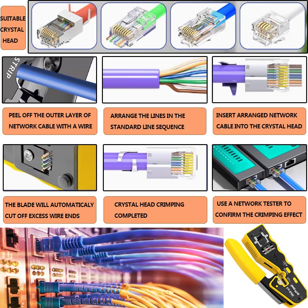 MAYLINE Pince à Sertir de Fil RJ45 RJ11 Cat5 Cat6 Testeur de Network Réseau Câble Kits avec 50 Pièces Ensemble d'Outils de Connecteurs en Cristal Dénudeur de détecteur de données (Jaune)