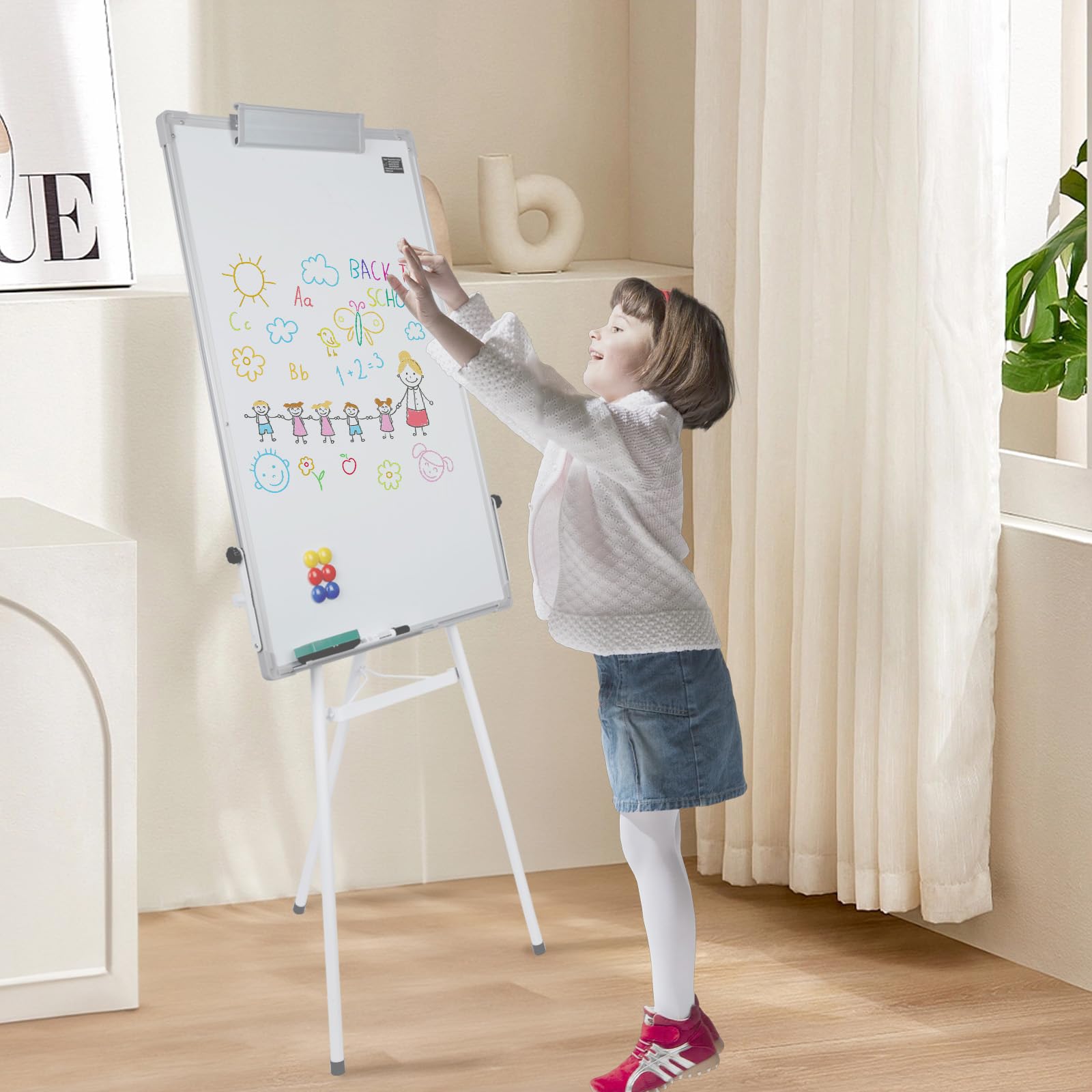Homewell Whiteboard 90x60 cm mit Whiteboard-Marker, Schwamm und 6 Magnete, Flipchart-Ständer-Whiteboard, Höhenverstellbar, Stativ, Flipchart Magnetisches White Board für Büro