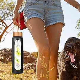 Aqulea Glass Water Bottles 25 Oz with Silicone Sleeve - BPA Free Reusable Wide Mouth Glass Motivational Water Bottles with Fruit Infuser - Leak Proof Borosilicate Water Bottle with Time Marker (Black)