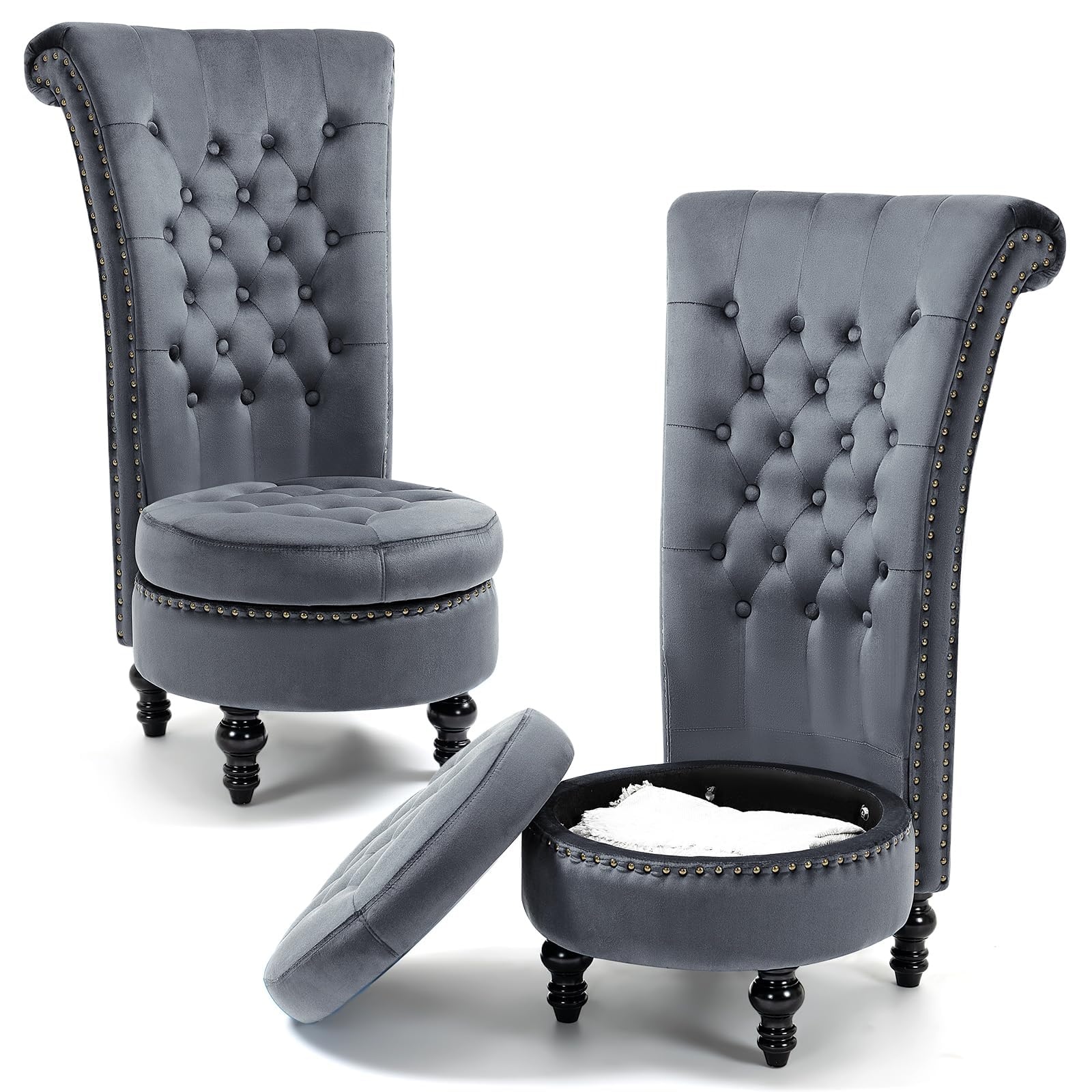 AVAWING High Back Throne Chair Set of 2, Velvet Armless Royal Accent Chair w/Storage, Nailhead Trim & Rubberwood Legs for Living Room & Bedroom, Grey