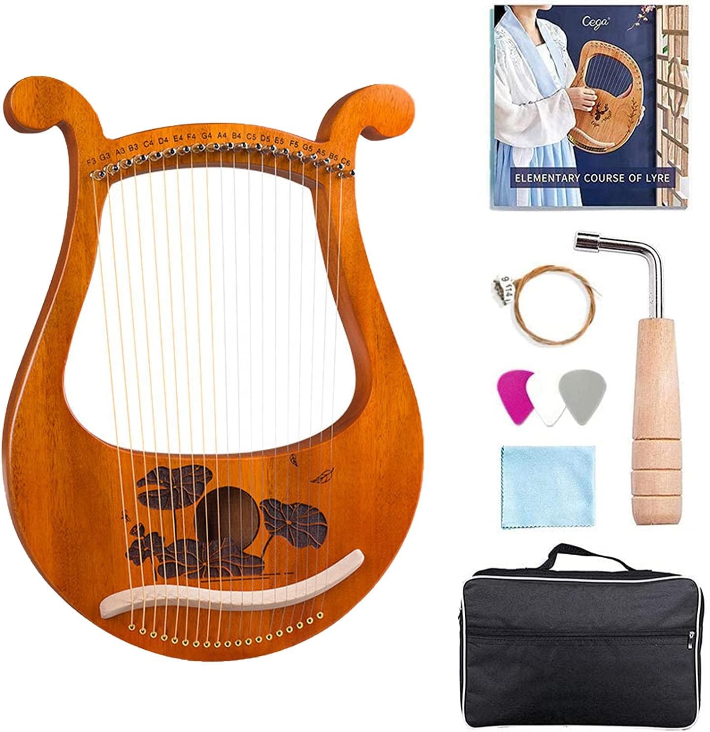 Hand Made Lap Harp, Lyre Harp 19 String Harpsicle For Adult,Whole Wood Is Hollowed Out And Integrated Into A Lyar Piano With Unique Patterns, Carved Phonetic Symbols Harp