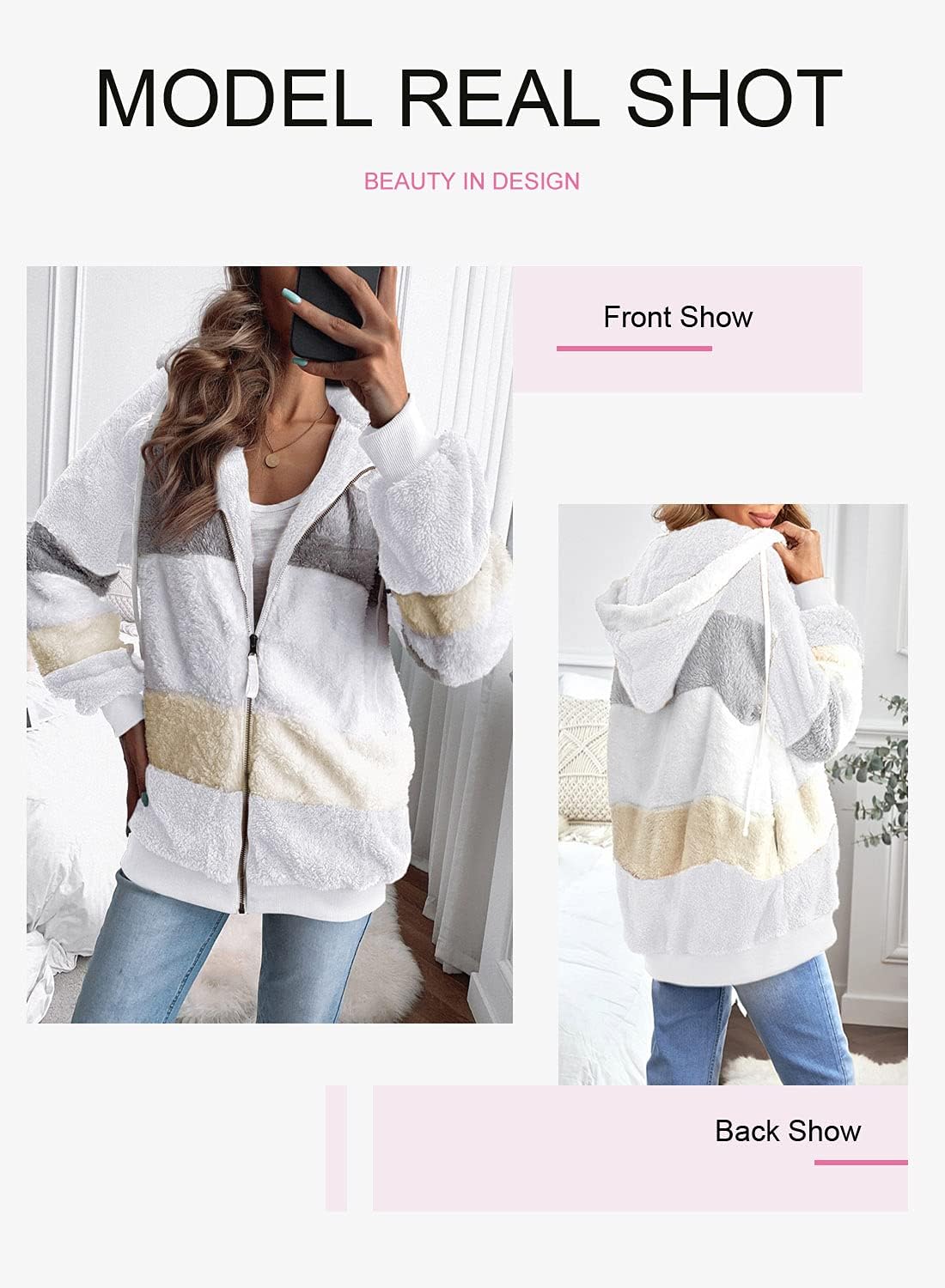 Dokotoo Womens 2025 Winter Fuzzy Fleece Jacket Hooded Color Block Patchwork Cardigan Coats Outerwear with Pockets