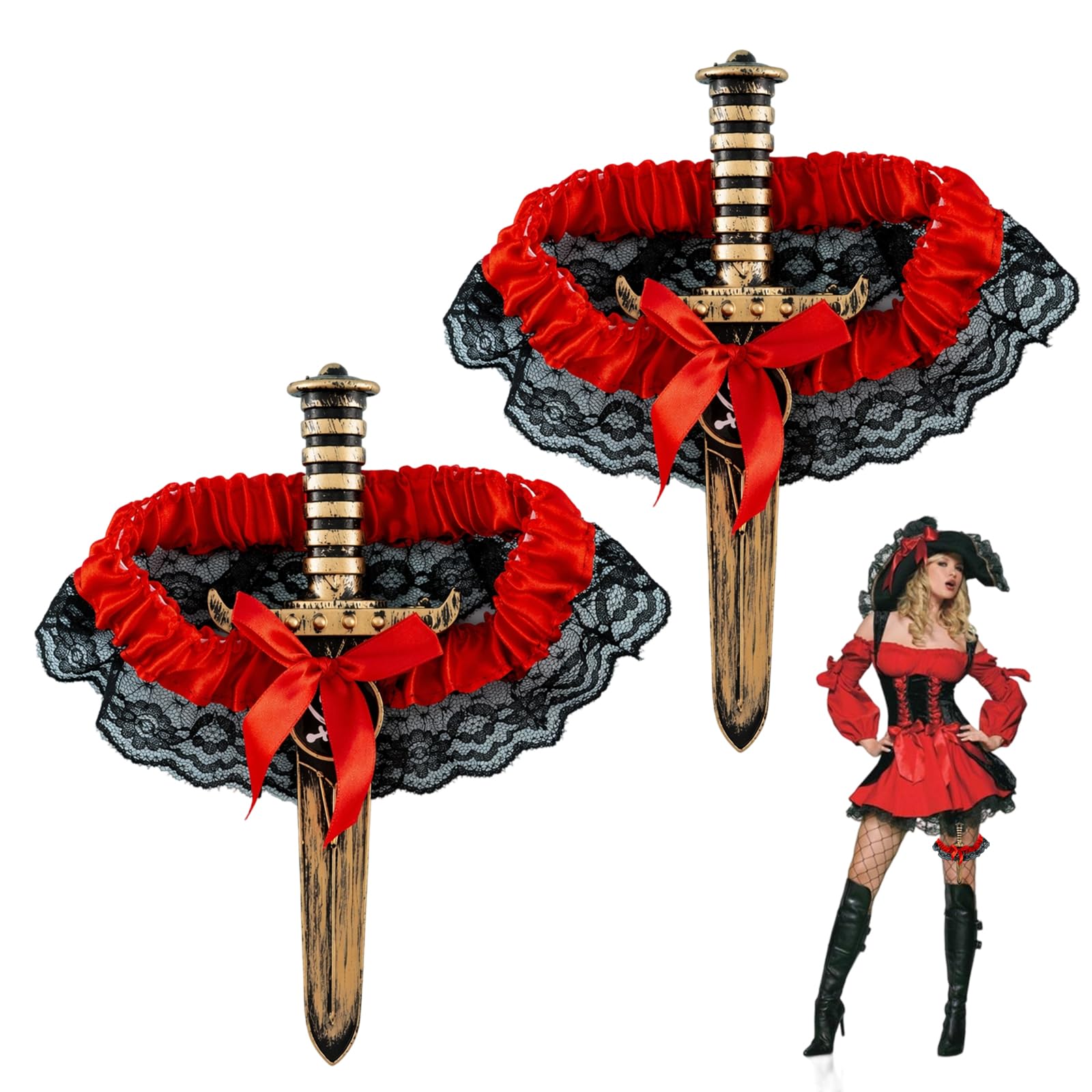 2pcs Pirate Accessories Women, Pirate Garter With Lace Bow Leg Ring, Pirate Sword Thigh Garter, Halloween Costume Accessories, Cosplay Props,Pirate Dagger Set, Themed Events And Stage Performances