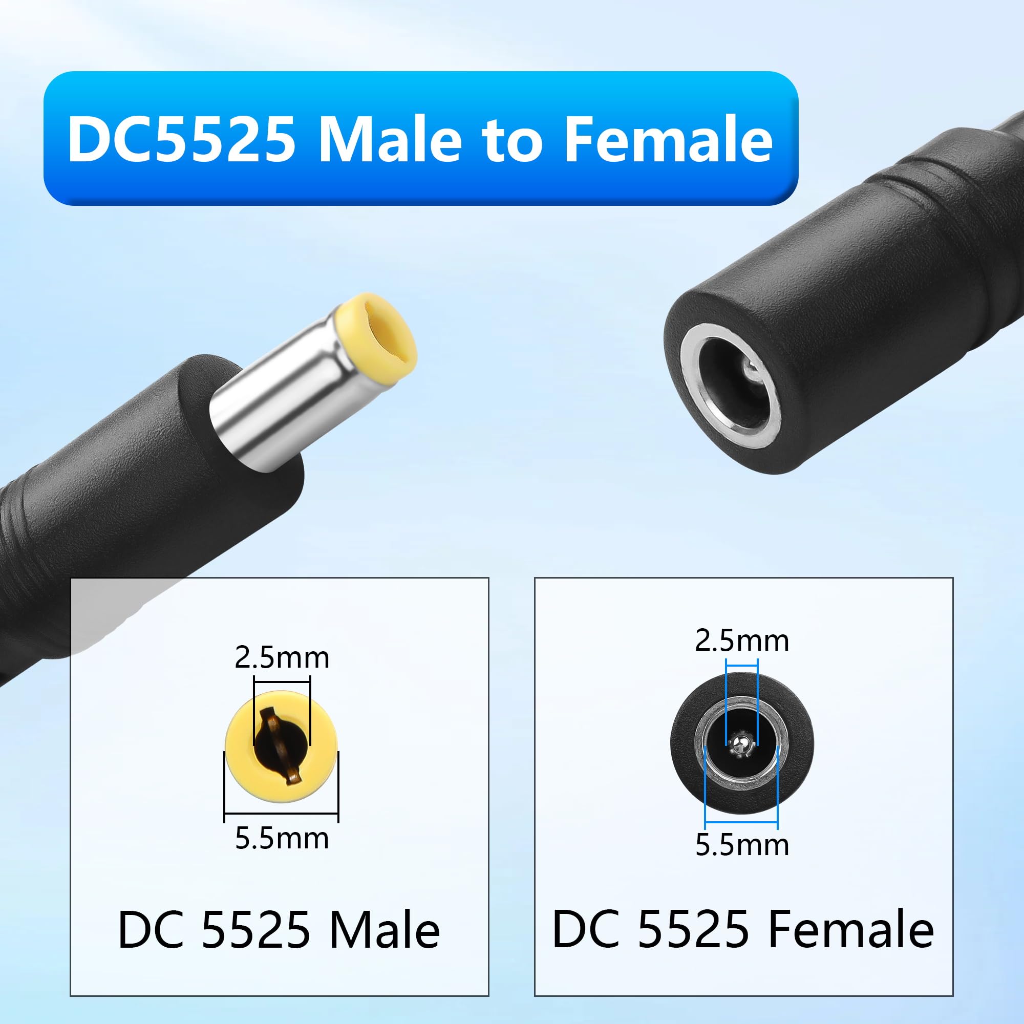 GINTOOYUN 3M/9.84FT DC5525 kabel zasilający 18AWG DC 5.5mm x 2.5mm żeński do męskiego przedłużacza zasilania do kamer bezpieczeństwa, pasków świetlnych LED, routerów itp