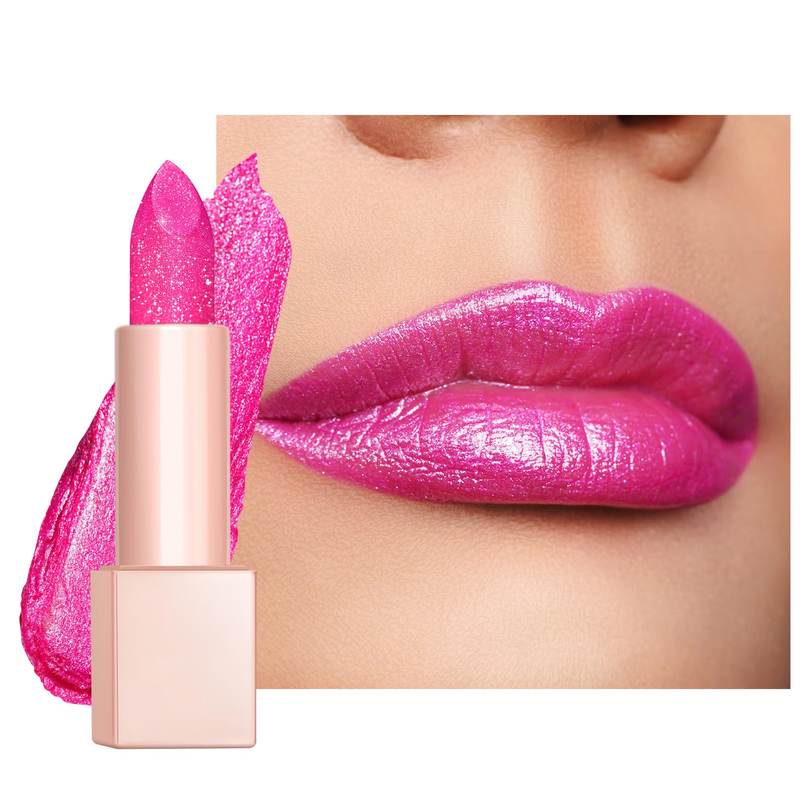 Oulac Bright Pink Glitter Lipstick - Moisture Tinted Lip Balm, Metallic Sparkly Finish, Dusky Rose Shiny lipstick, Creamy Brilliant Lip Color, Infused with Shea Butter, Vegan D02 Sparkle Sensation