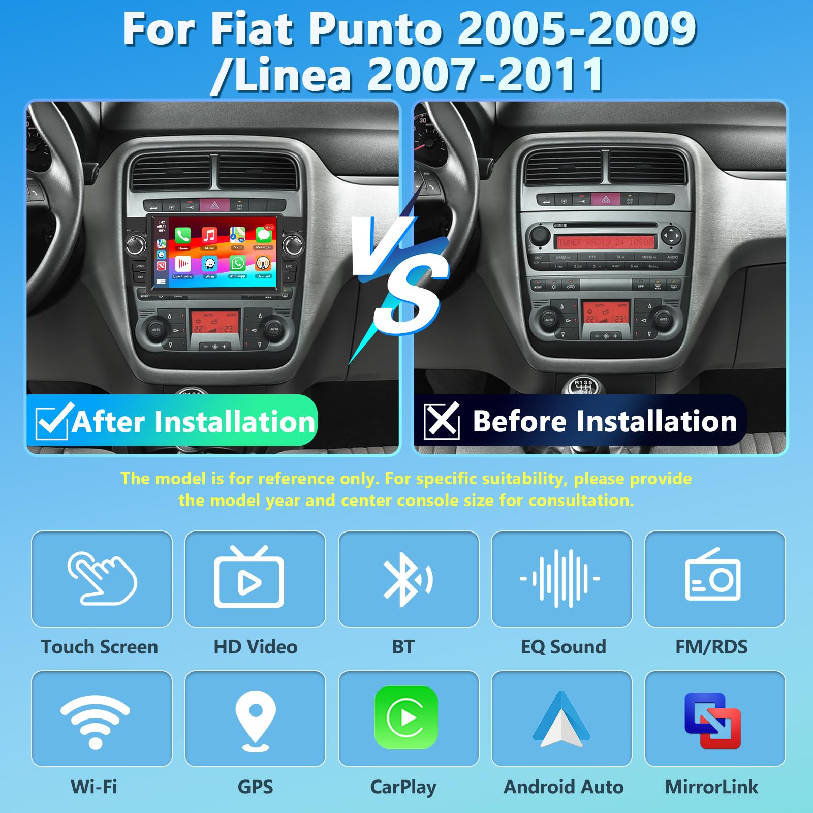 Autoradio 4+64G Con CarPlay Wireless E Android Auto Per Fiat Punto 2005-2009 E Linea 2007-2011 – GPS, WiFi, FM, Telecamera Posteriore