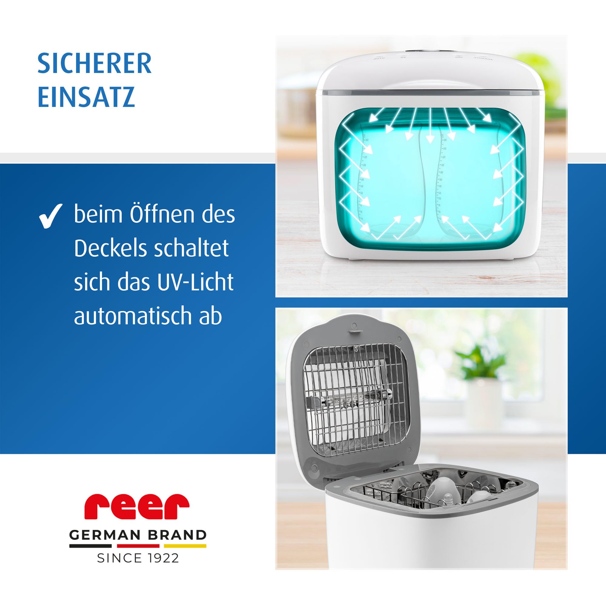 reer UV-C Desinfektionsgerät mit Trocknungsfunktion | Sterilisator für Babyflaschen und Baby Zubehör | Flaschensterilisator