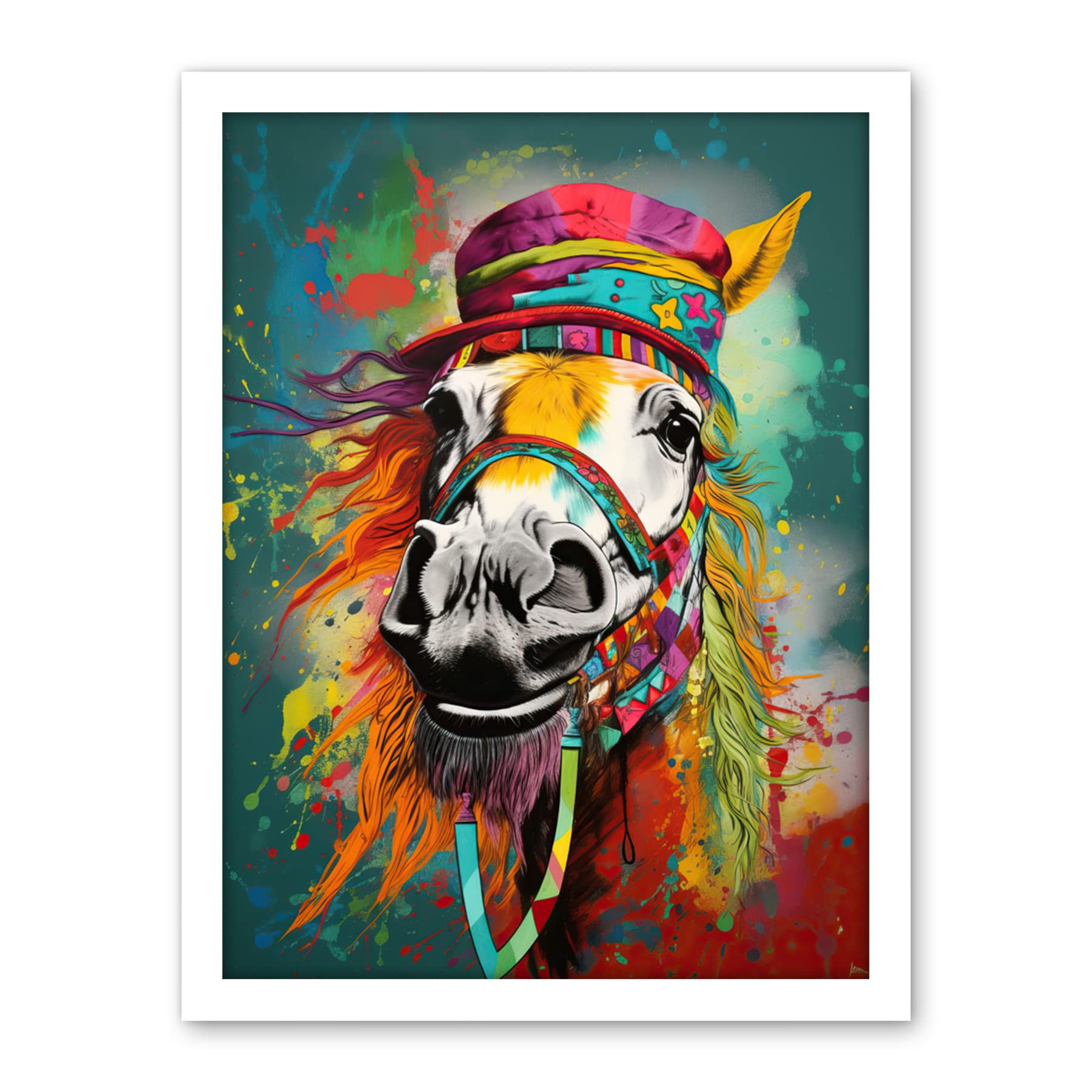 Artery8 Hippie Horse with Multicoloured Hat and Bridles Artwork Framed Wall Art Print 18X24 Inch