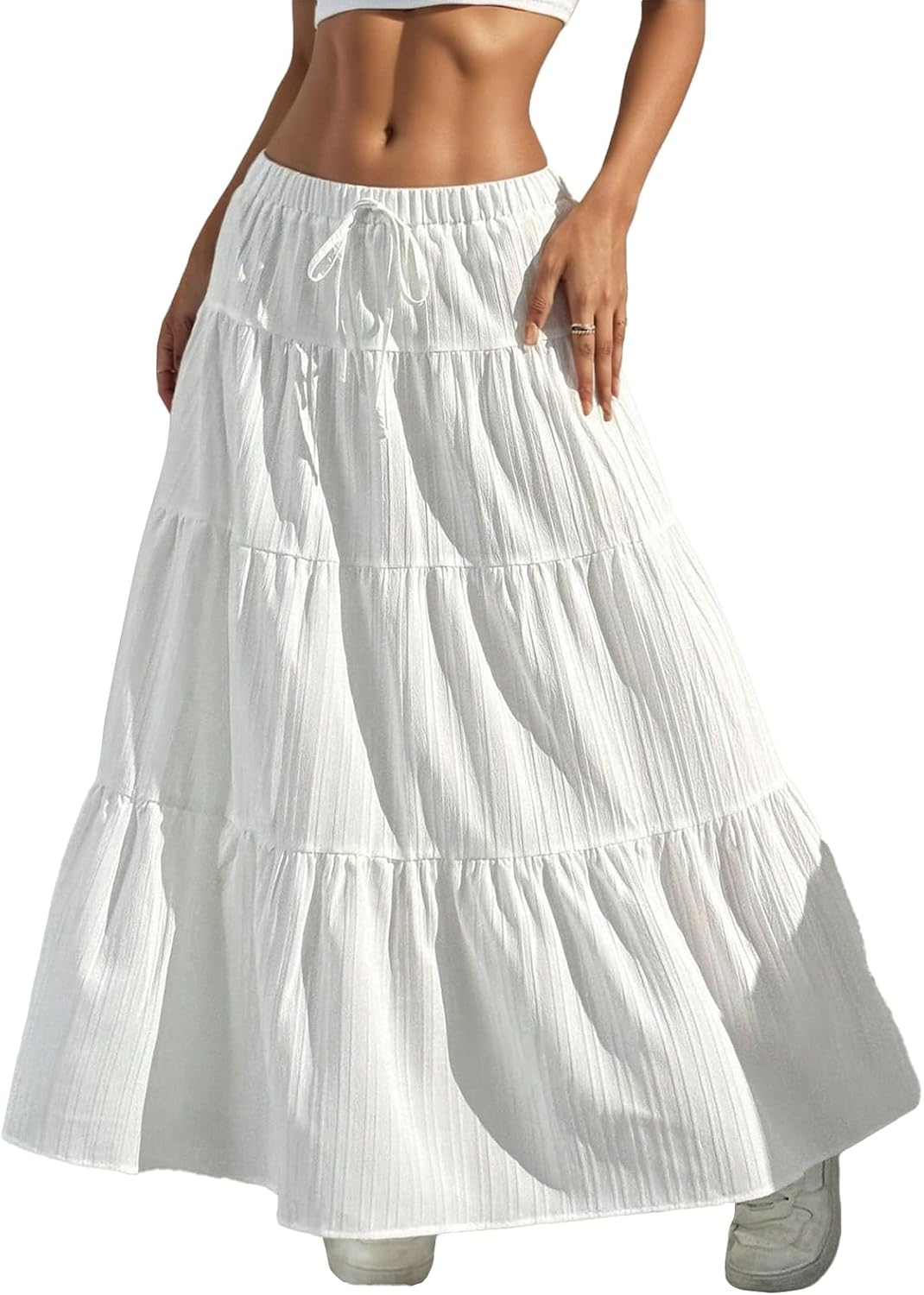 HOUZONIY Womens Maxi Skirt Flowy Elastic Waist Tiered Pleated A Line Summer Boho Trendy Cute Pull On Long Skirts