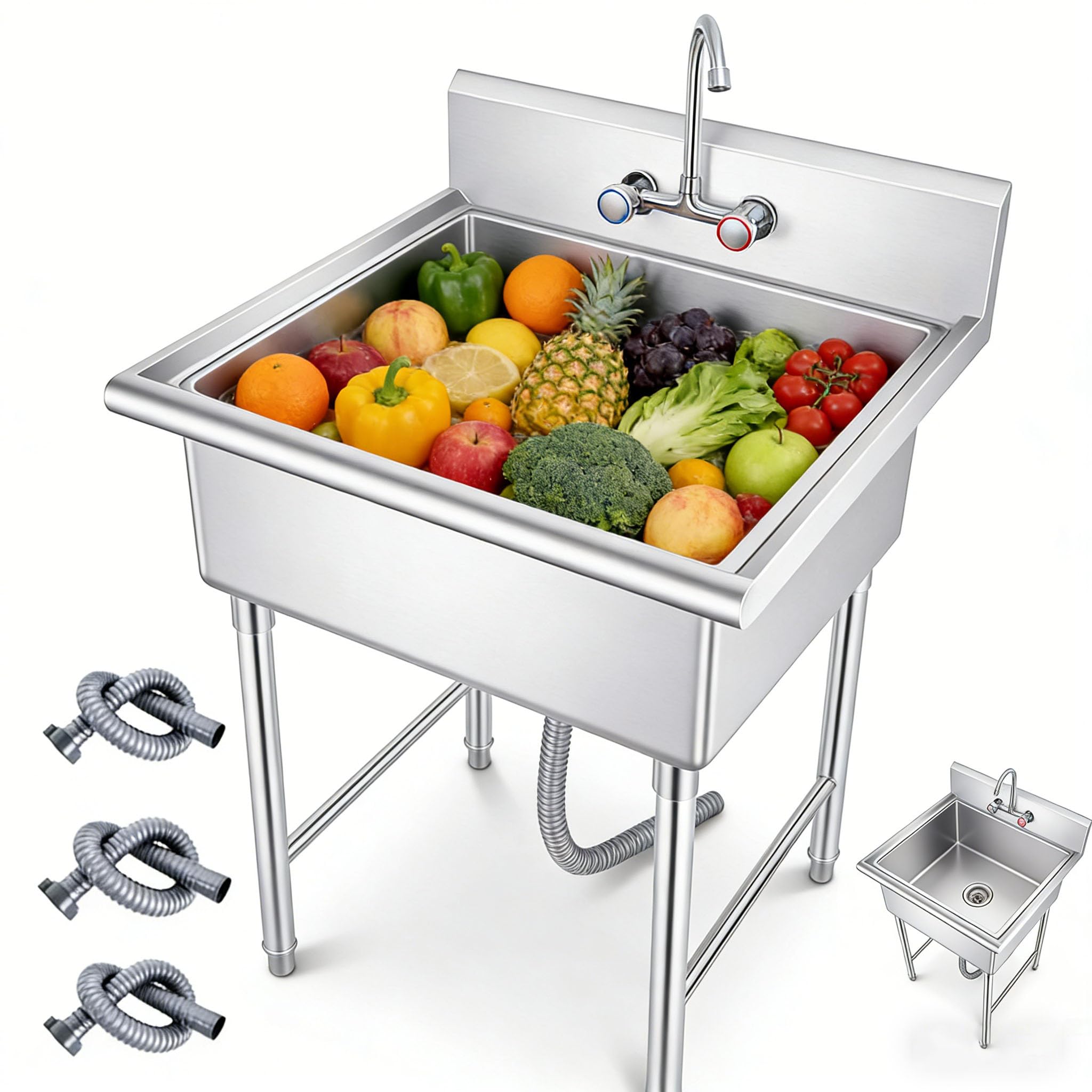 Stainless Steel NSF Prep & Utility Sink 27", NSF Freestanding Single Bowl Commercial Sink with Portable Design, Stainless Steel Small Sink for Home, Restaurant, Laundry Room, Garden