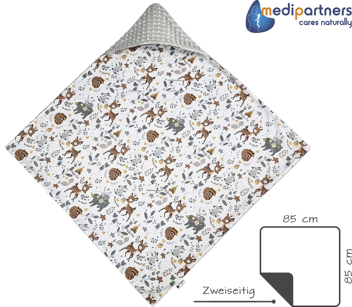 Medi Partners Einschlagdecke Baby Babyschale 100% Baumwolle für Sommer 85x85cm Kinderwagen Kuscheldecke universal Baby Decke Einschlagdecken Babydecke Buggy Autositz(REH mit grauem Minky)