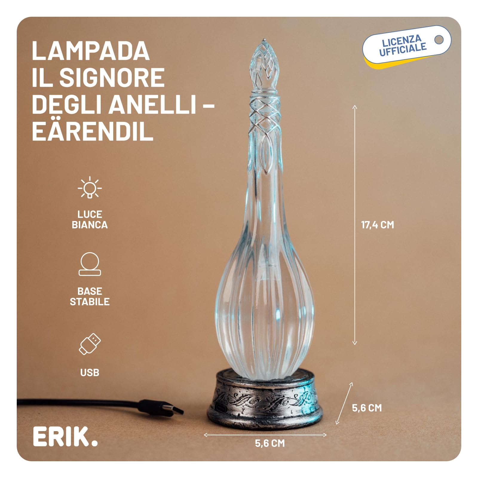 Grupo Erik Lampada Signore degli Anelli - Lampada da Scrivania e Comodino con Luce LED Fiala di Galadriel, Luce Notturna Lord of the Rings Ufficiale | Cavo USB (5,6 x 17,4 x 5,6 cm)