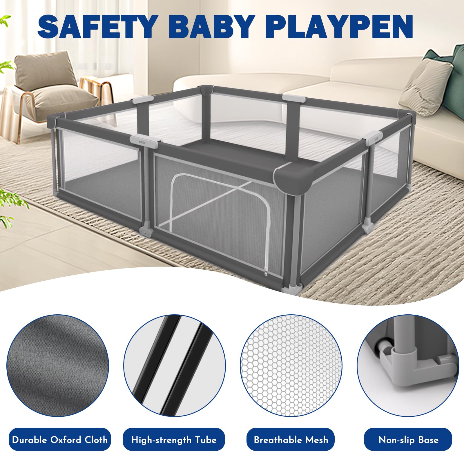 Laufstall Faltbar Baby Playpen - 1.5x1.8CM-Laufgitter, 1min-Schneller Aufbau, Sicher & Tragbar für drinnen & draußen (Grau)
