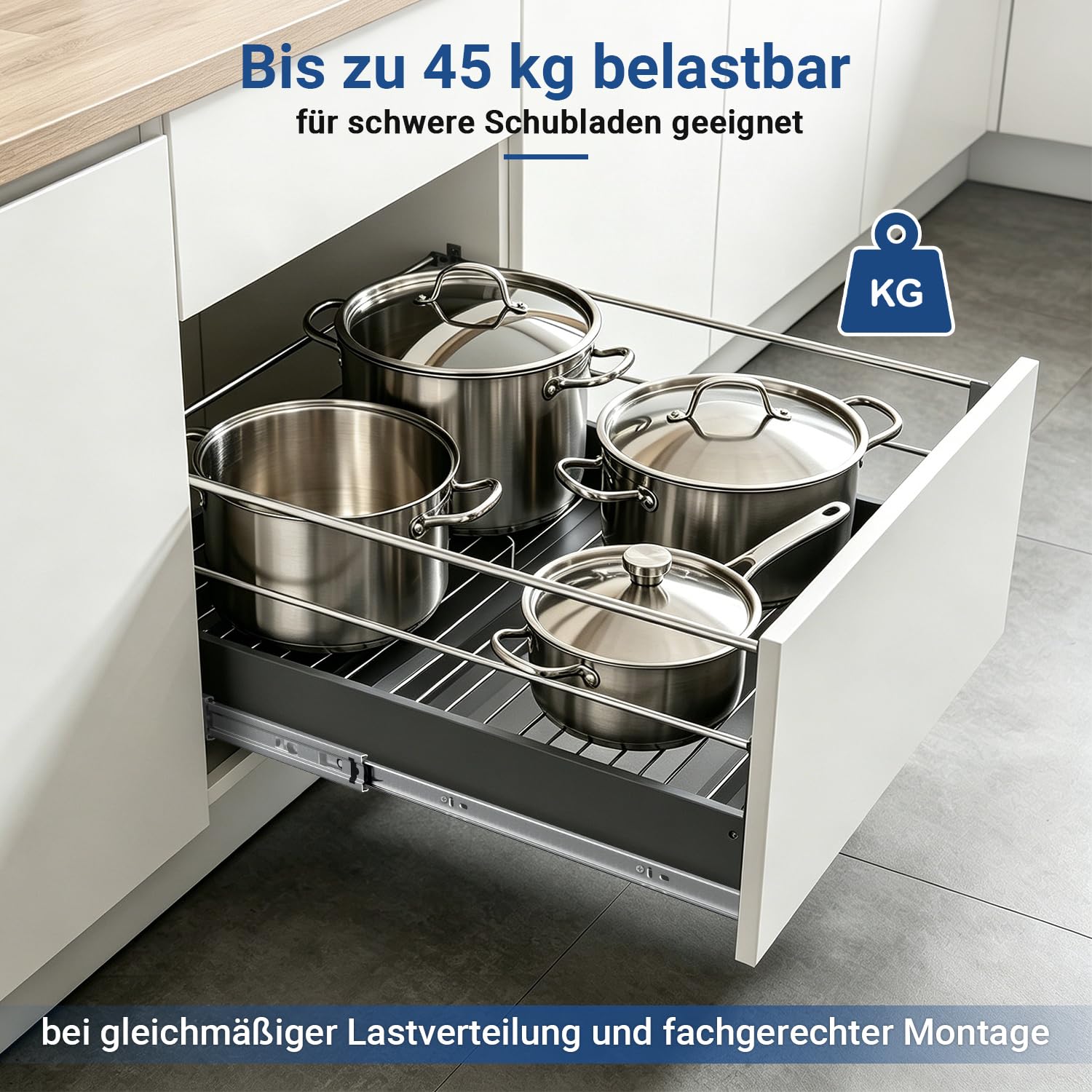 Schubladenschienen Vollauszug 450 mm 45 kg Soft-Close, 3 Paar