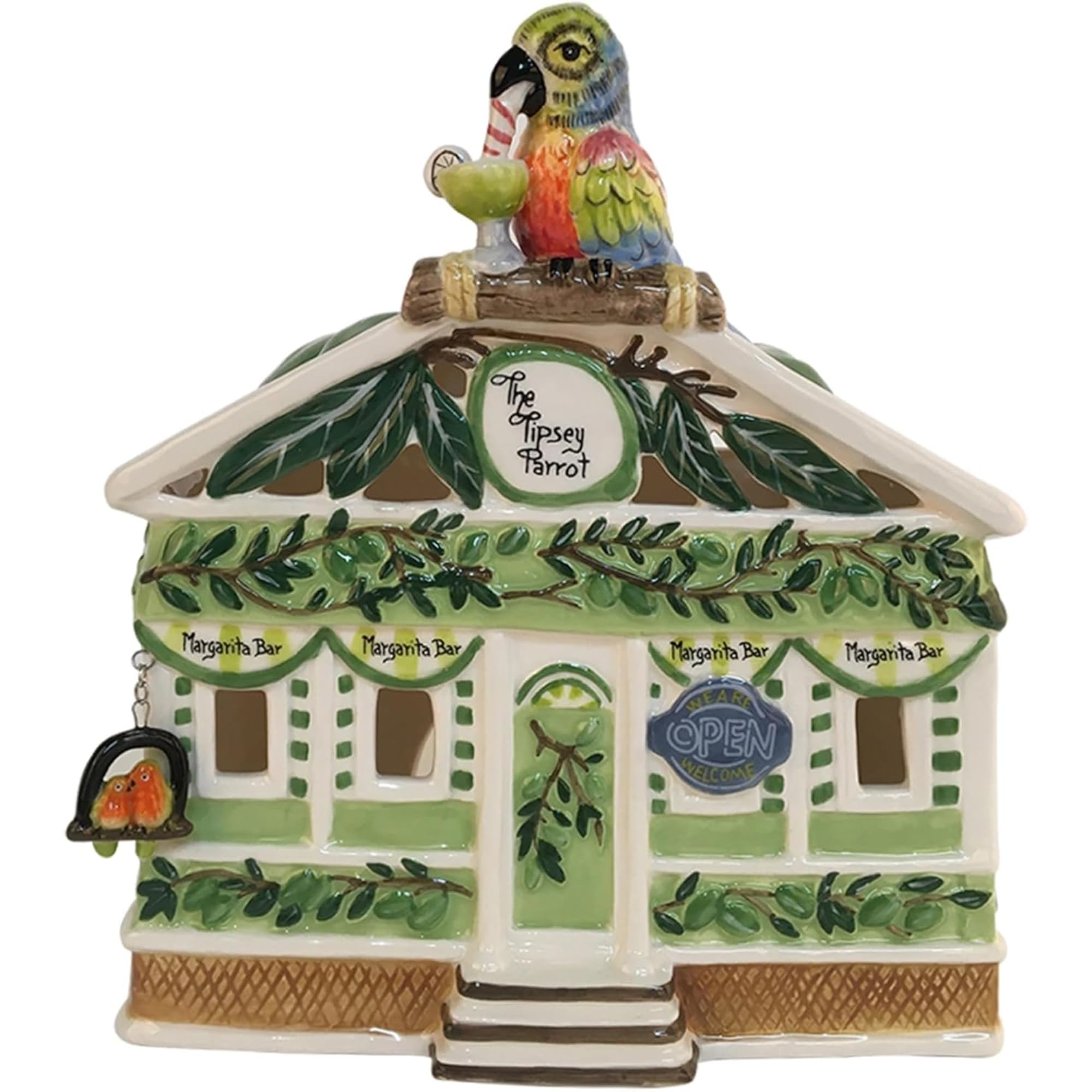 Blue Sky Clayworks The Tipsy Parrot Margarita Bar Candle House, Ceramic, 7" L x 5.25" W x 8" H, Tropical Happy Hour Glow