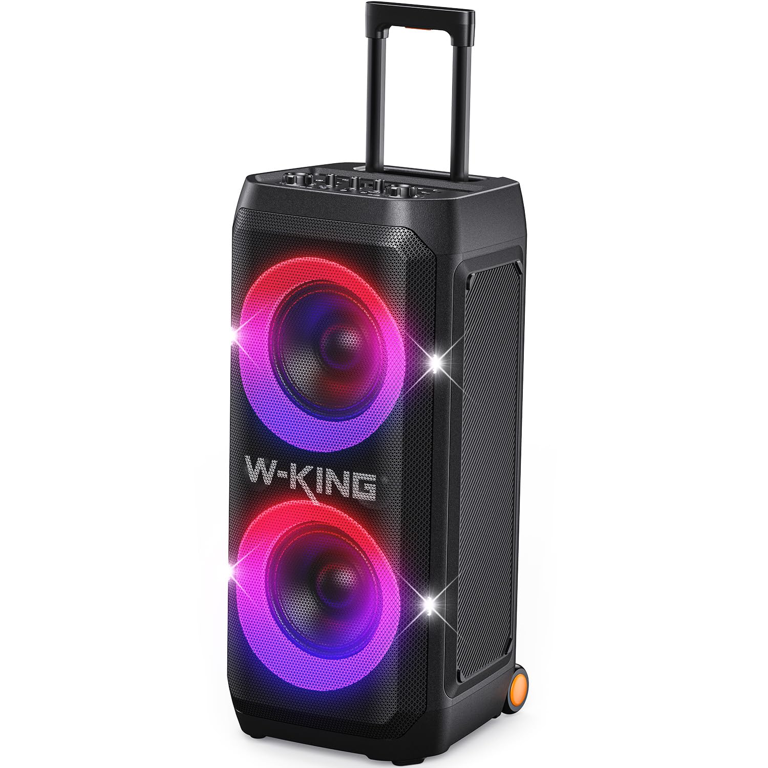 W-KING Tragbare Bluetooth-Lautsprecher-Box mit 370W MAX Pro Sound, Lichtshow, CSB, Bass Boost, Rollen und Teleskopgriff, 25H Laufzeit, Schnellladung, MIC&Guitar in,Party Lautsprecher für innen&außen