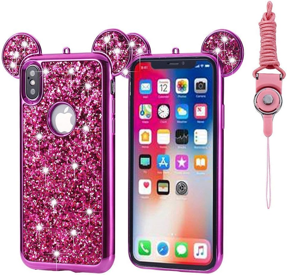 iPhone Xs Max Case Glitter, Umiko(TM) Luxury 3D Mickey & Minnie Mouse Ears Crystal Diamond Bling Rhinestone Sparkle Protective TPU Rubber Case with Strap for iPhone Xs Max 6.5 inch, Hot Pink