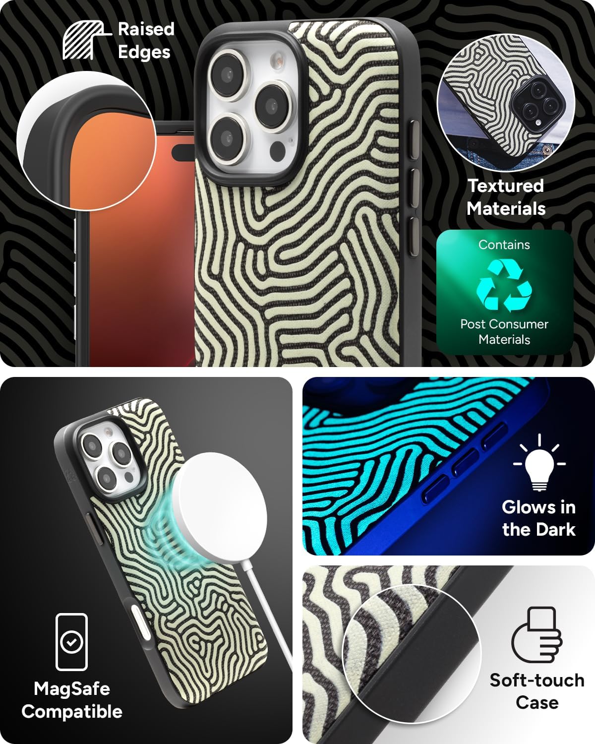 ZAGG London Snap Case for iPhone 16 Pro Max – Glow in the Dark Maze Fabric Design with Fabric Finish, MagSafe Compatible, 13ft Drop Protection, Graphene Reinforced, Wireless Charging, Maze Glow