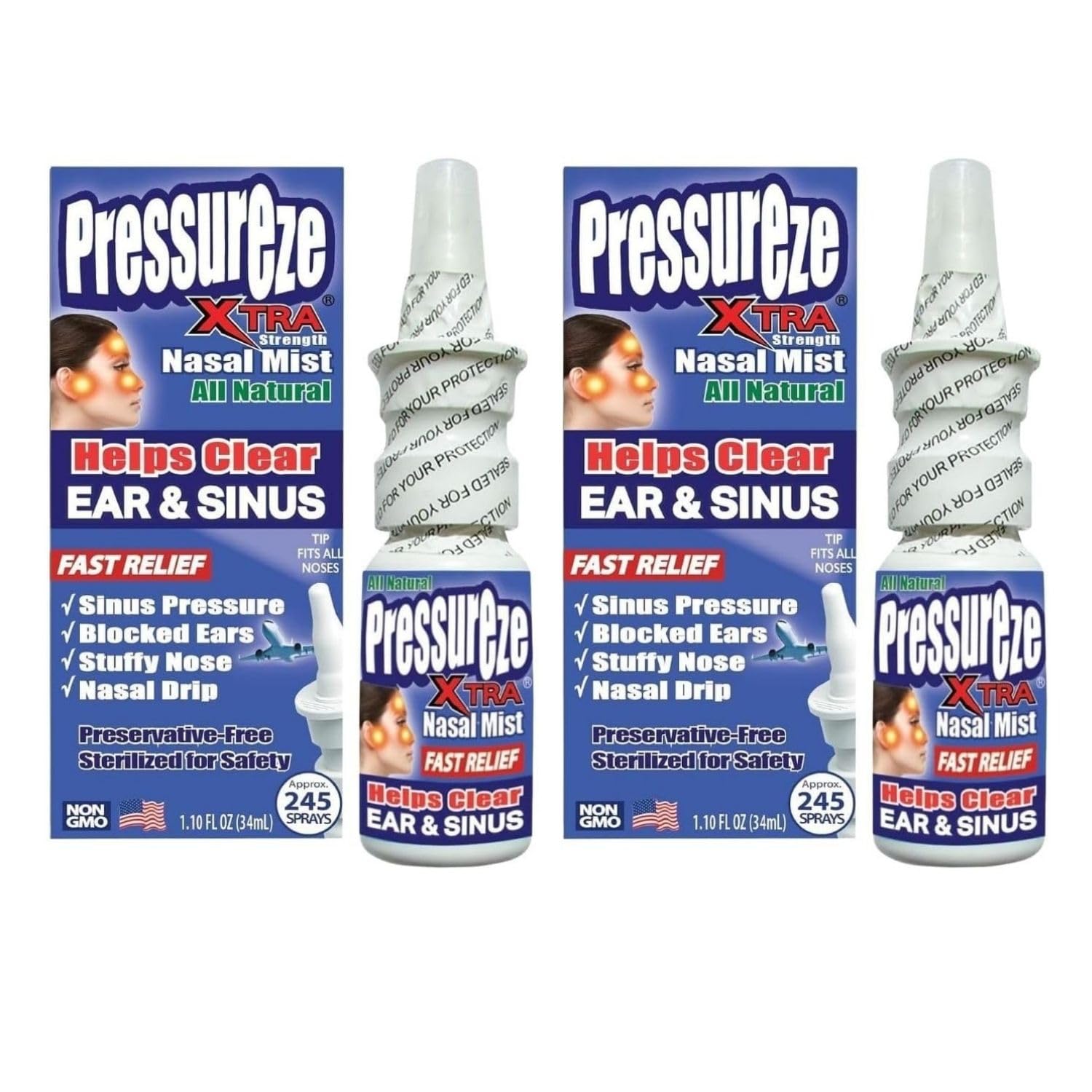 Pressureze - Natural- Preservative Free - Sterile Nasal Spray - for Severe Sinus Congestion Relief (1.1 Fl Oz (Pack of 2))