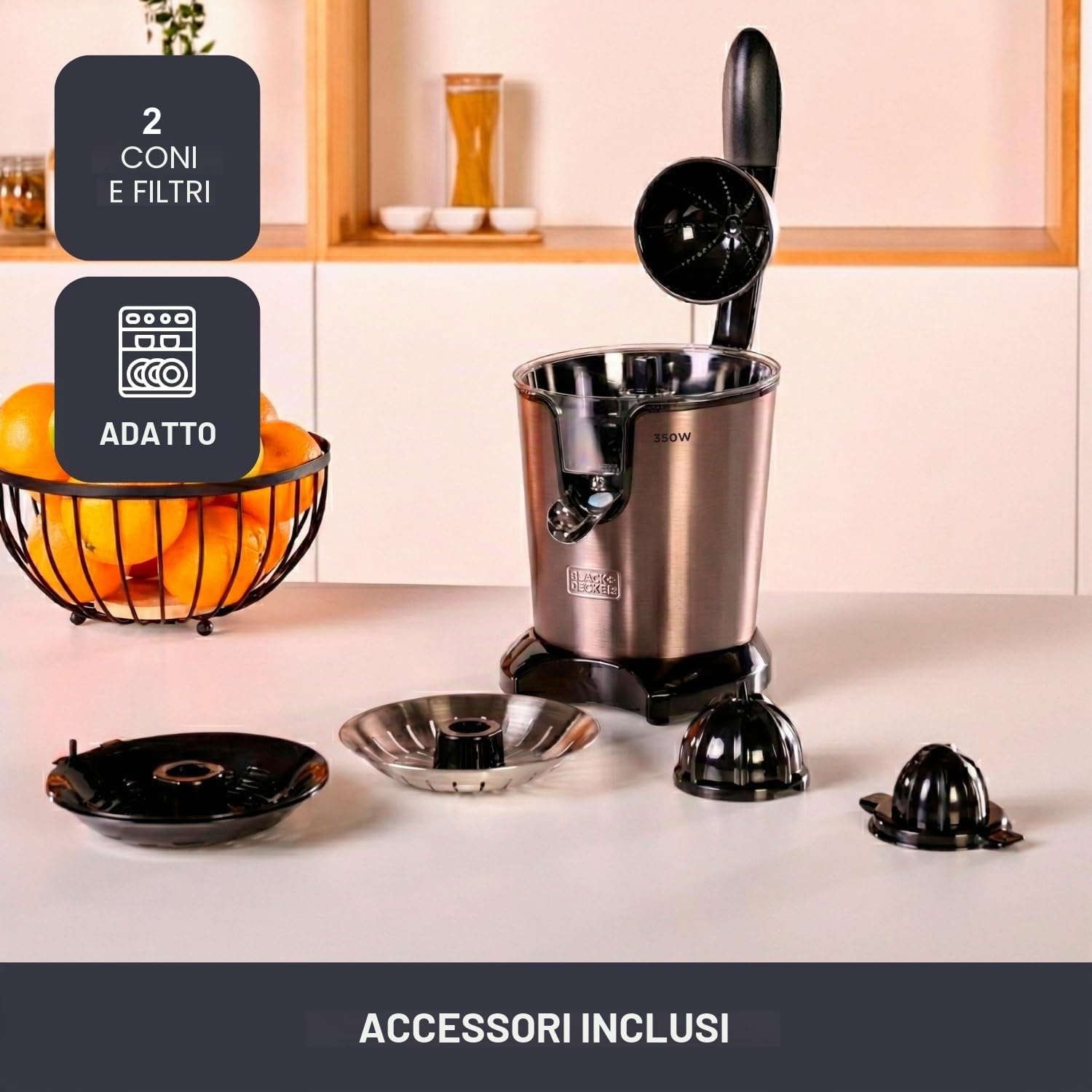 BLACK+DECKER - Spremiagrumi a Leva 350W | Motore AC Pro | 2 Coni | Serbatoio 0,65L o Erogazione Continua | Anti-Goccia | Filtro Polpa | Parti Lavabili | Senza BPA | Acciaio Inox