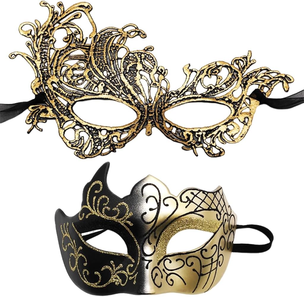 PATPAT® 2Pcs Couple Masquerade Masks, Luxury Hollow Out Lace Masquerade Masks for Women & Venetian Masquerade Mask for Men, Halloween Vintage Black Golden Lady Gentleman Party Mask for Costume Party