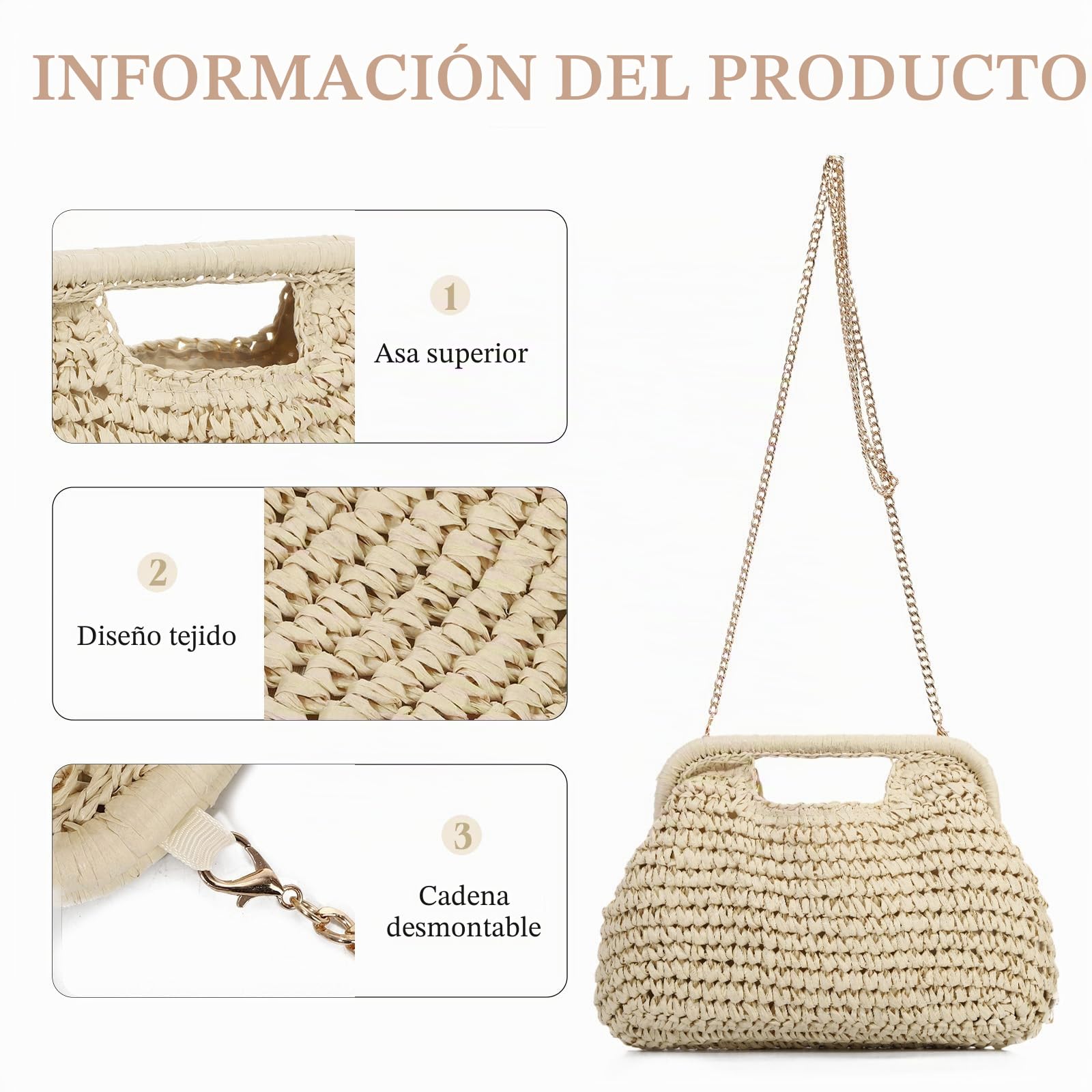 EVEOUT Clutch de Paja Trenzada con Cadena Mujer Boho Bolso Tejido para Fiesta Bodas Verano Bolsos de Mano Rafia Sintética para Playa Vacaciones