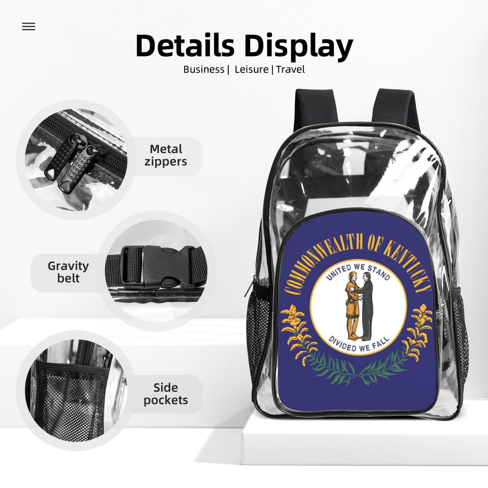 Flaga stanu Kentucky nadruk unisex przezroczysty plecak zestaw 3-częściowy przezroczysty lunch piórnik podróżny na zewnątrz