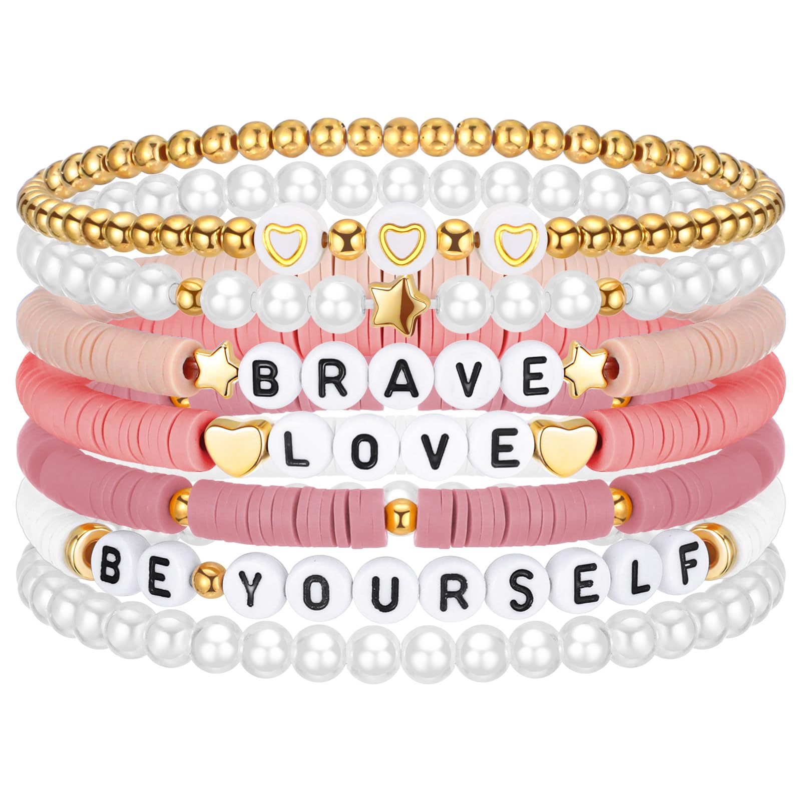 Landical Friendship Bracelets for Women Teen Girls Preppy Clay Bead Heishi Surfer Bracelets Stackable Boho Y2k Jewelry(Pink)