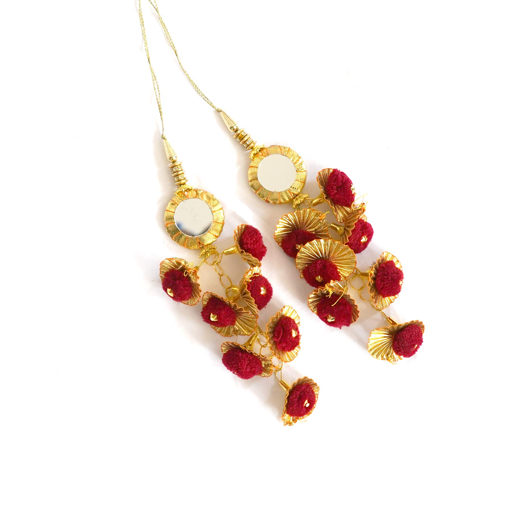 Bhavya Sales Women's Plastic Ethnic Pom Pom Bell Tassel Blouse Saree, Lehenga with gota Patti Hanging Latkan (Maroon) Pack of 2-image-14
