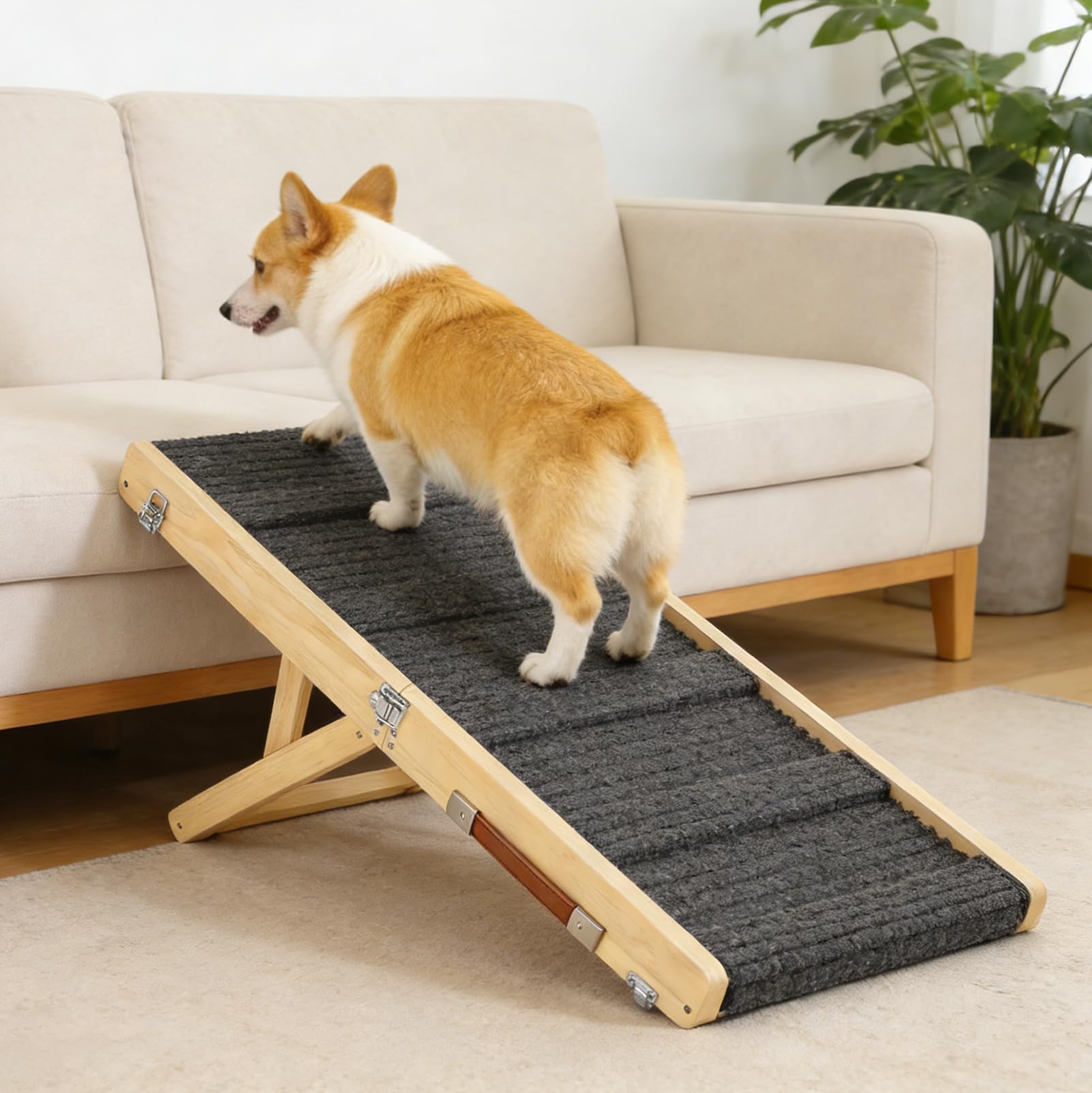 Rampa Plegable de Madera para Perros, con Ajuste de Altura en 6 Posiciones, 120 cm de Largo, con Alfombrilla Antideslizante, para Perros Pequeños y Medianos, También para Gatos
