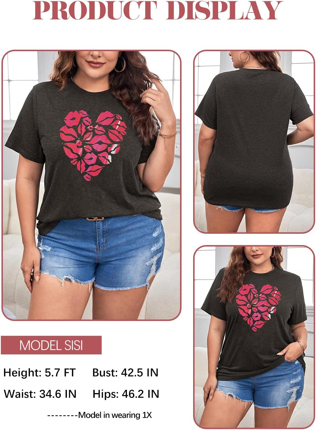 HDLTE Womens Plus Size Valentines Shirts Love Heart Graphic Print Short Sleeve Tops Casual Tees Blouse - Image 7
