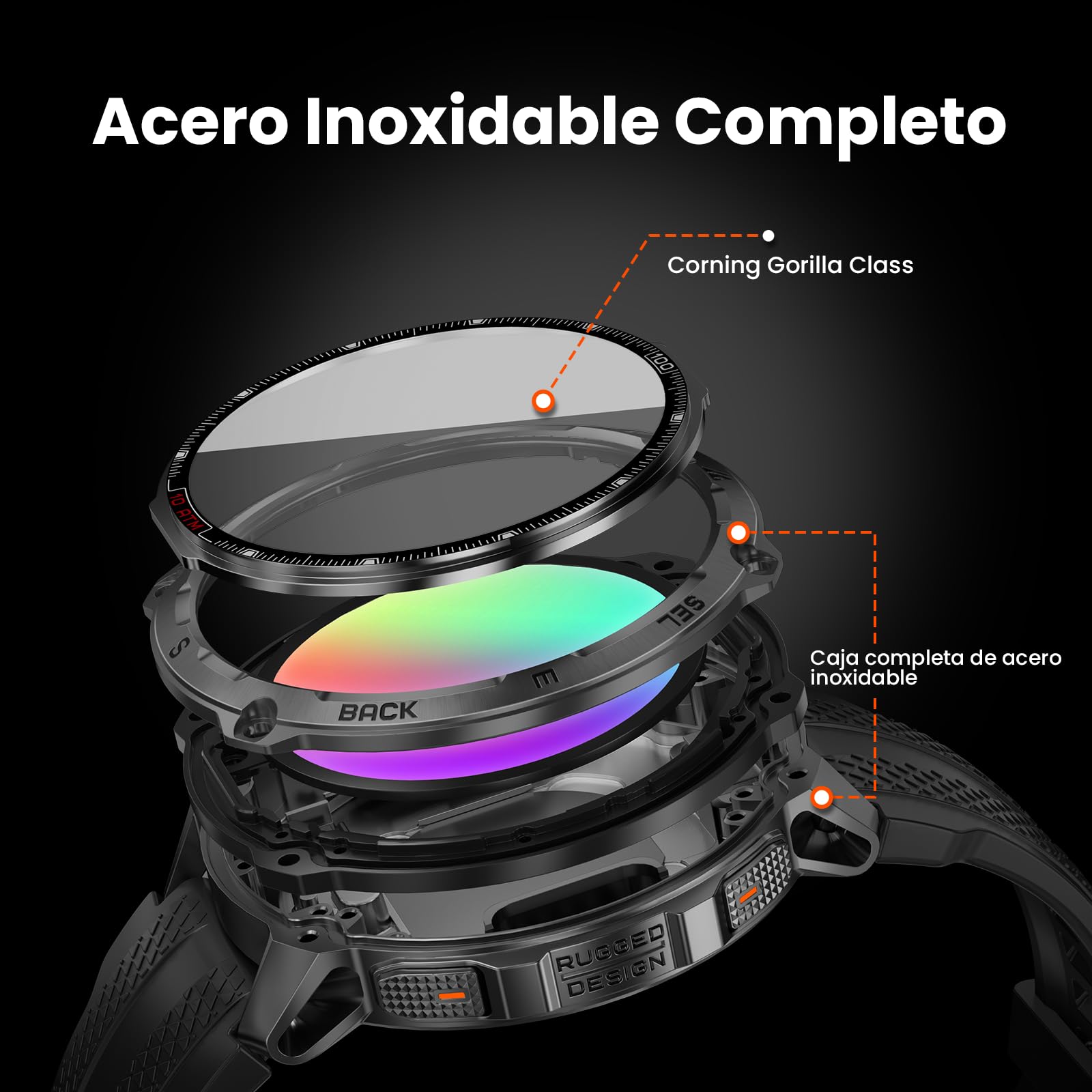 KOSPET Tank T4 Smartwatch con GPS, Acero Inoxidable, Mapas Offline, 10ATM Impermeable hasta 45 m, Batería de 50 Días, 180+ Modos Deportivos, Llamadas Bluetooth, Frecuencia Cardíaca y Sueño（Negro）