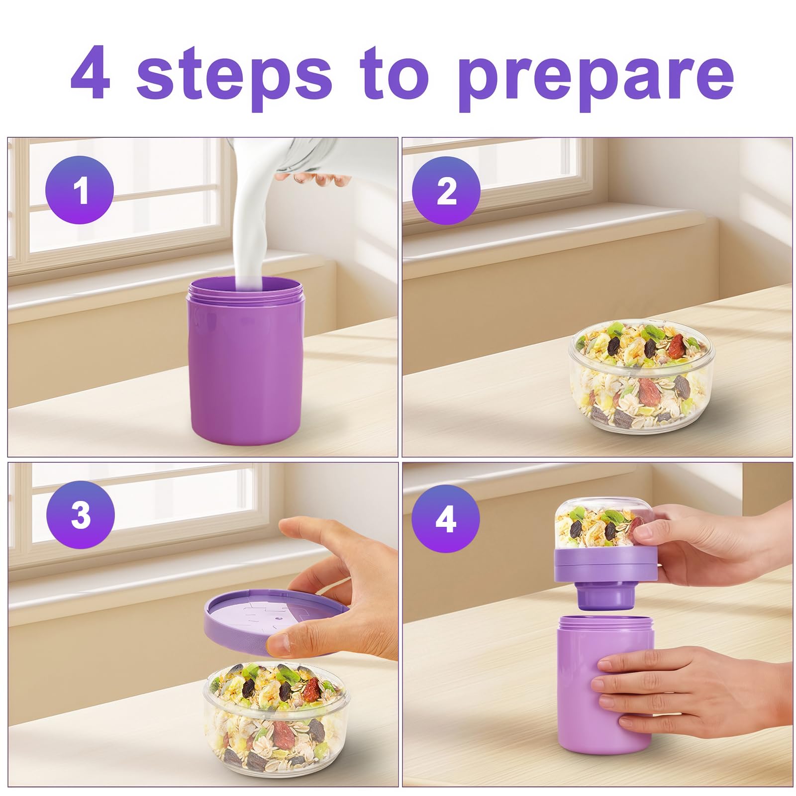 Zikenis 2 in1 Tazza Yogurt to Go,Tazze Cereali 520ML+250ML,Tazza per cereali to go per bambini,Tazza di cereali portatile,Bicchiere per yogurt a doppio strato,per la scuola (Viola)