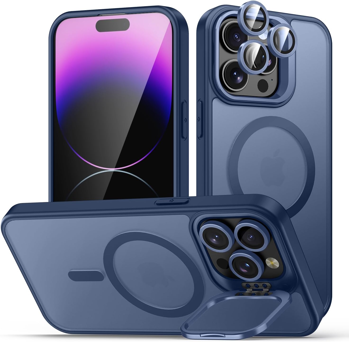 for iPhone 14 Pro Max Case, Compatible with MagSafe, Built-in Camera Ring Stand, with Individual Camera Cover, Translucent Matte Military-Grade Drop Protection Magnetic Case, Blue