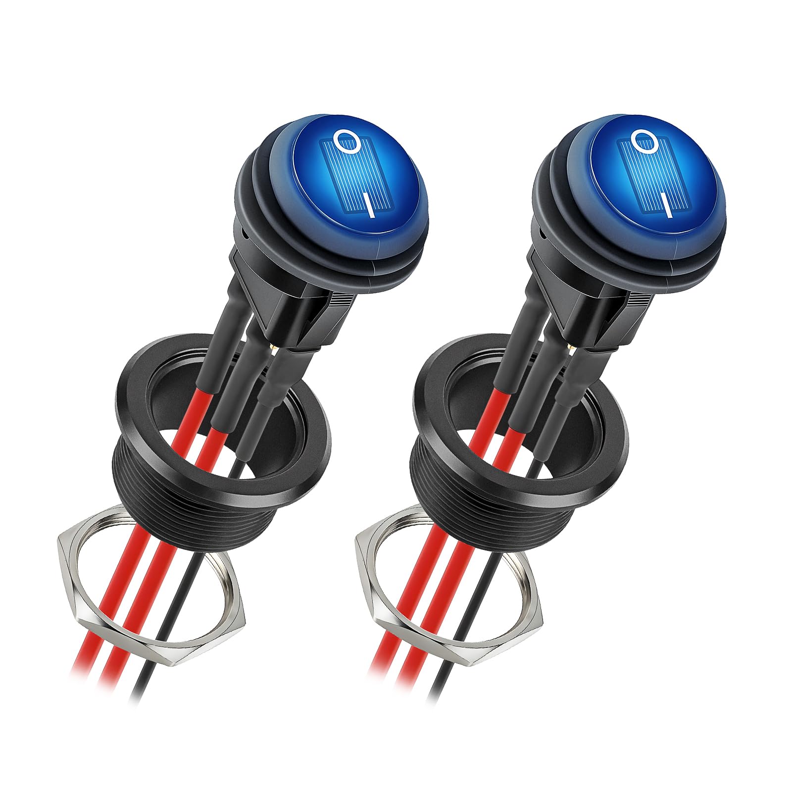 CamperXlite 20A Interruptor Basculante Redondo de Aluminio Impermeable 3 Pines, SPST ON/OFF 12-24V con Cable 14AWG y Luz Azul para Camper, Barco, Tractor, Camione, Moto, Marino 2 Piezas