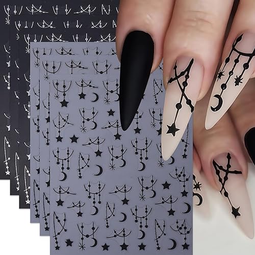 6Sheets Black Silver Line Nail Art Stickers 3D Self-Adhesive Stars