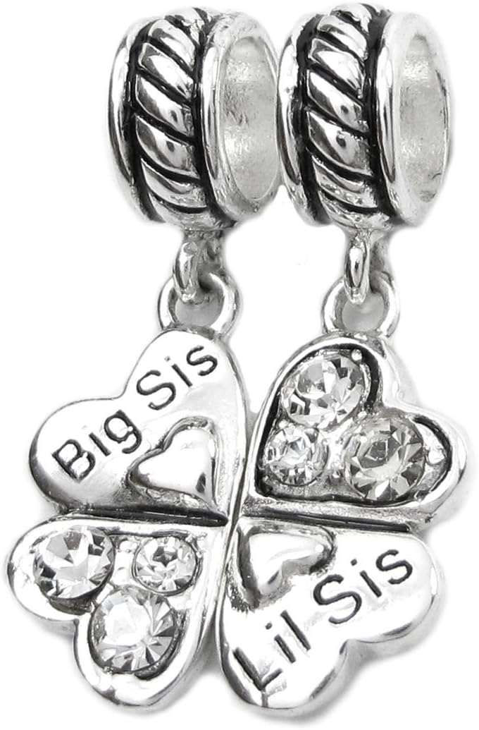 Dreambell 925 Sterling Silver Big Lil Sis Sister Clear Rhinestone Clover Heart European Dangle Charm