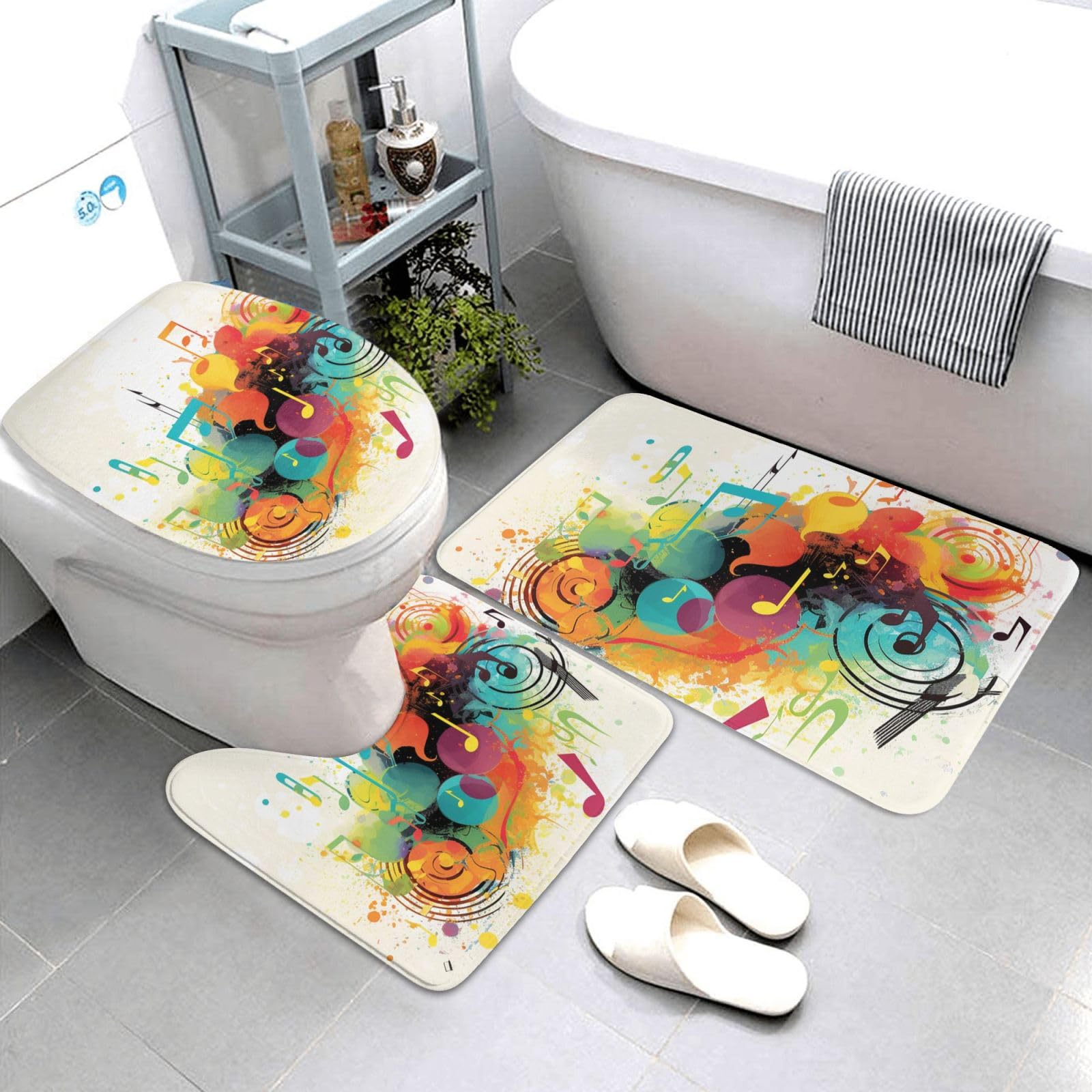 Musica astratta a tema stampa tappeto da bagno Set 3 pezzi con antiscivolo a forma di U Contorno Mat e coperchio WC per la decorazione del bagno