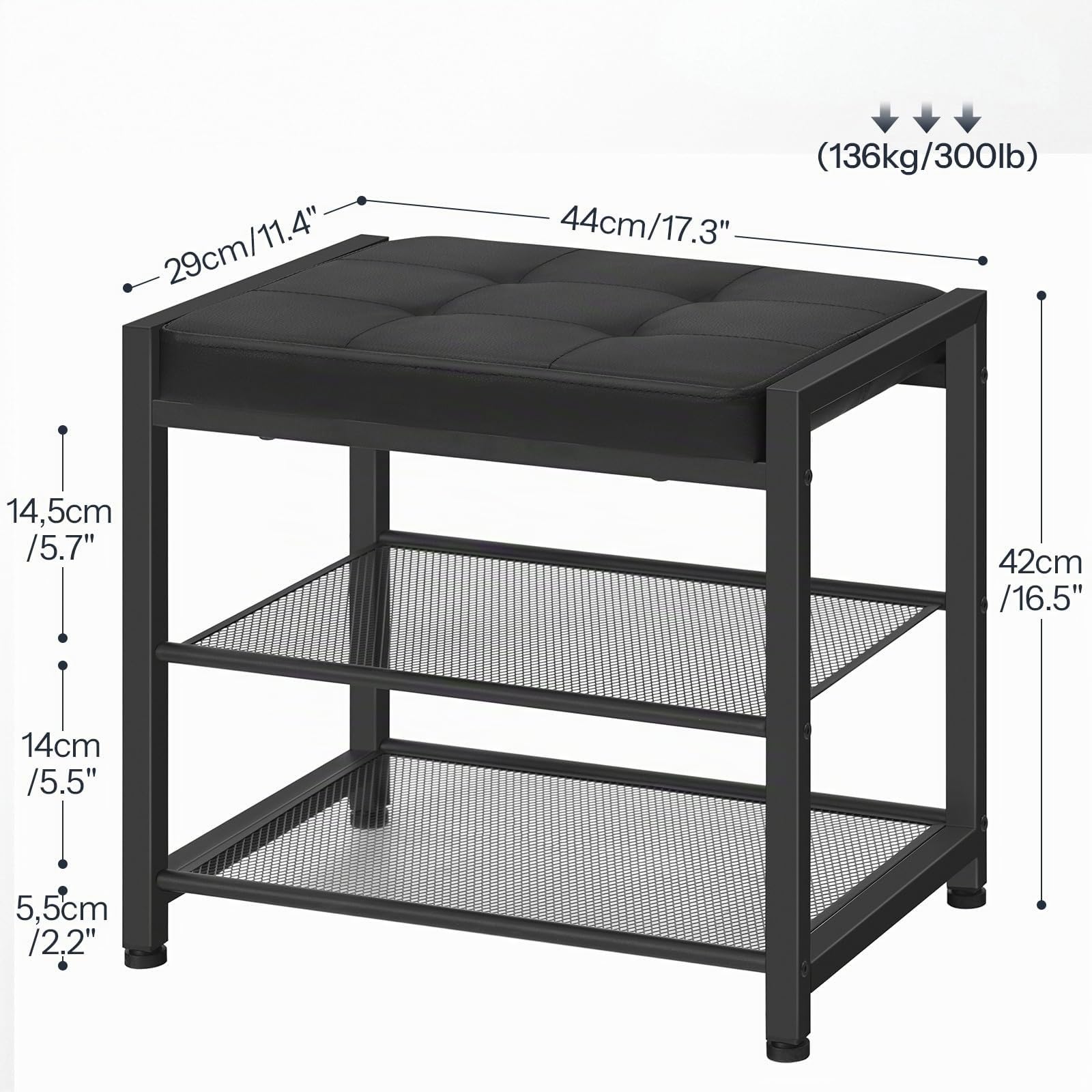 HOOBRO Schuhbank mit Sitzfläche aus PU, Sitzbank, Schuhregal mit gepolsterter Sitzbank, Schuhregal mit 2 Ablagen aus Metallgitter, Aufbewahrungsmöbel für Eingangsbereich, Schwarz EBB33HX01