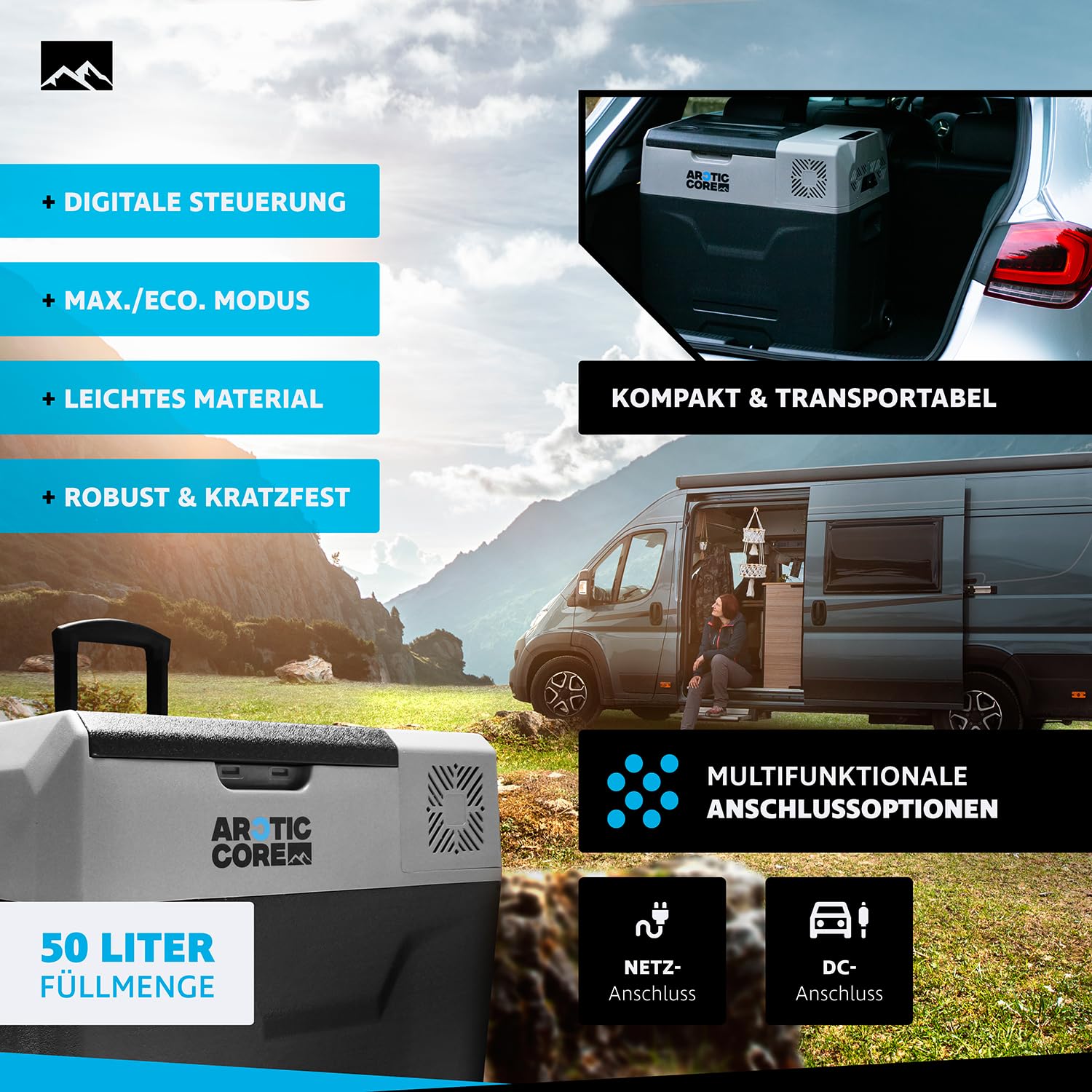 Belko® ArcticCore Kompressor Kühlbox – elektrische Kühl- & Gefrierbox DC 12/24V & AC 100–240V – grau