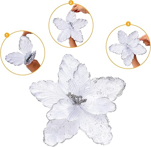 Miniatura 6 de GreenHouzz - 10 piezas de flores de Pascua grandes para árbol de Navidad, flores de seda con purpurina, adornos para árbol de Navidad, corona,